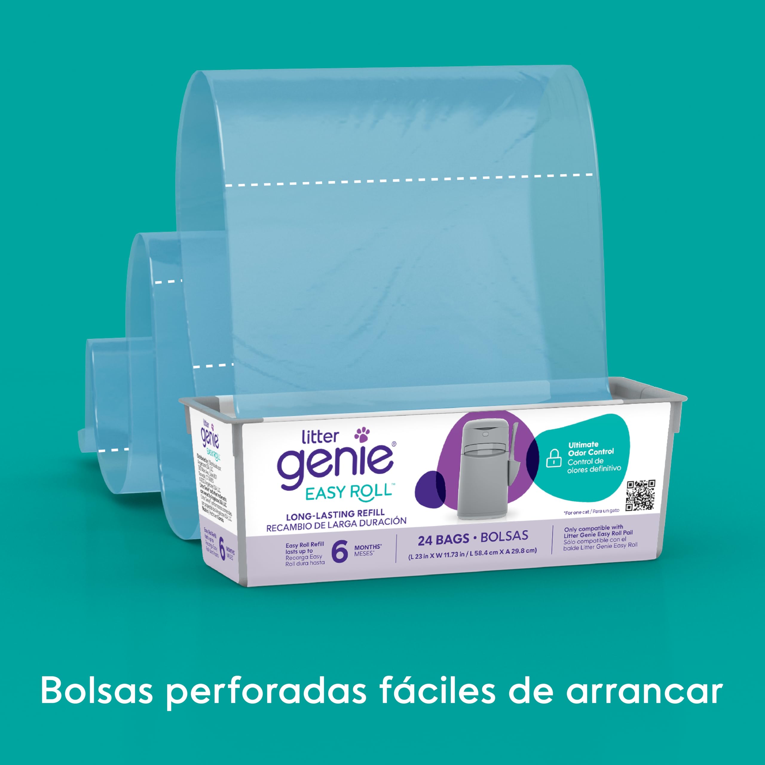 Litter Genie Bolsas de repuesto Easy Roll (paquete de 1) | Incluye un rollo de 6 meses de larga duración de 24 bolsas | Bolsas de arena para gatos con control de olores definitivo