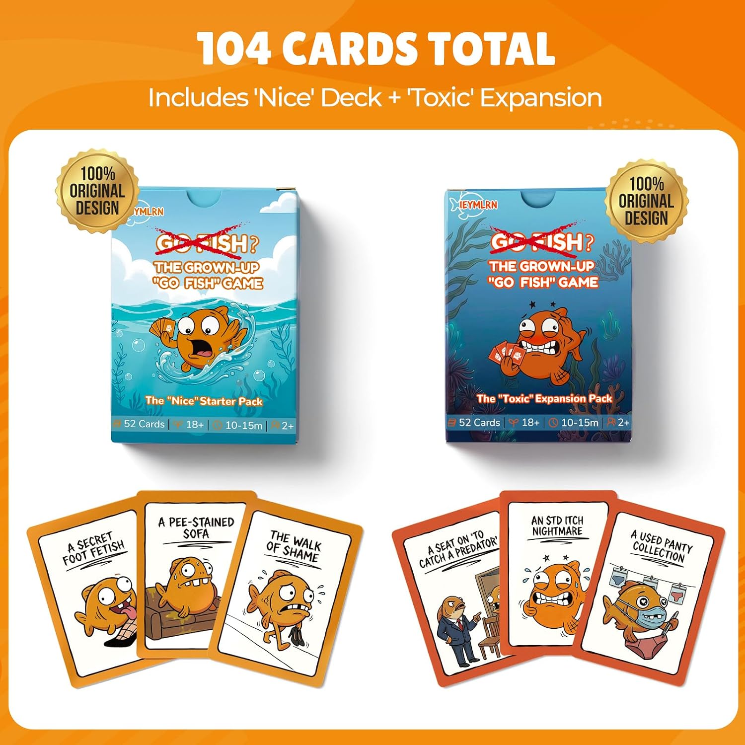 Adult Go Fish Card Game (Starter & Expansion), Dirty Version of Classic Fish Game - Hilarious Mature Social Party Games for Adults 18+ - Gag Gifts for Game Night & Birthdays, 104 Spill-Resistant Cards
