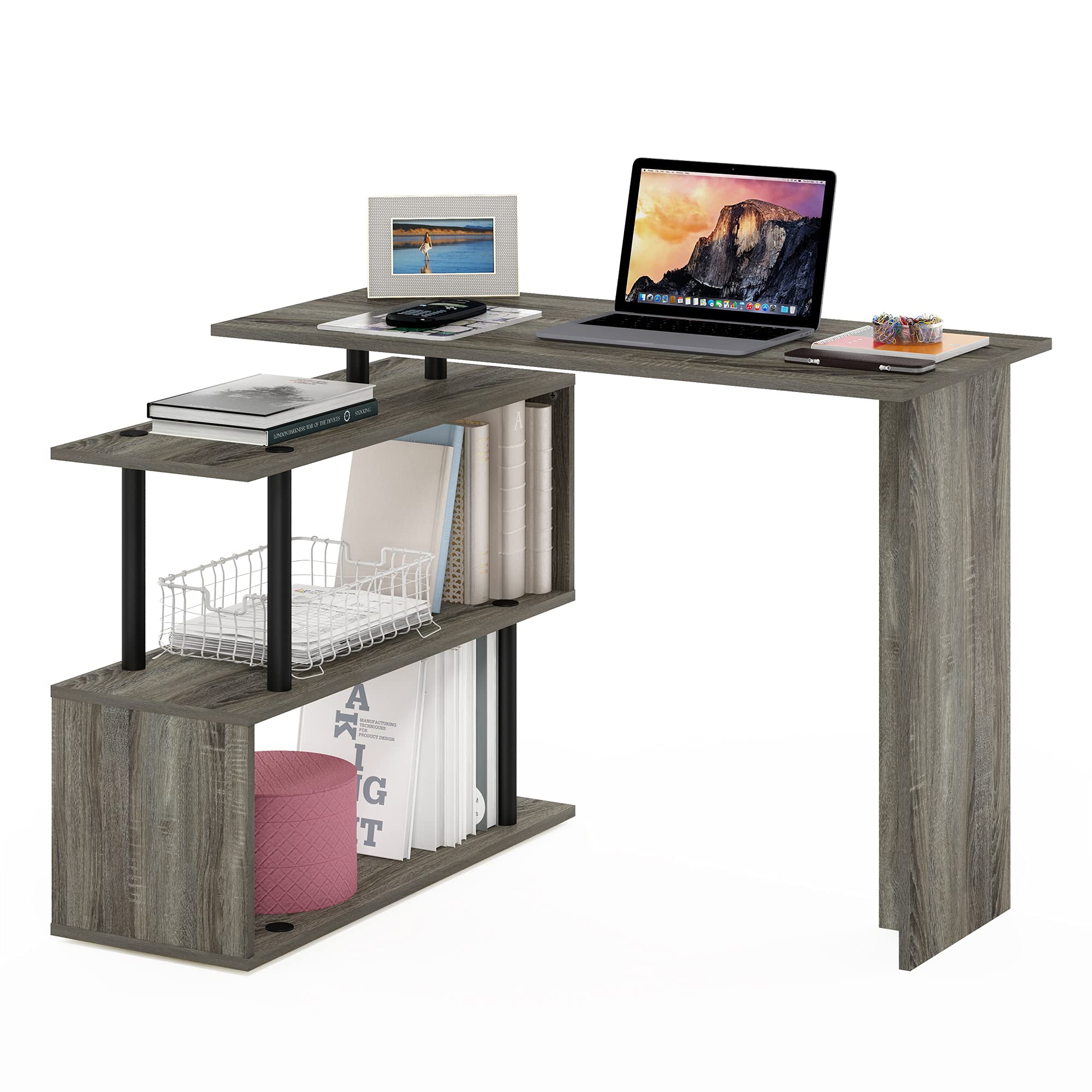 Furinno Komputer w kształcie litery L, biurko, do nauki, drewno inżynieryjne, dąb francuski/czarny, 100,1 (szer.) x 72,4 (wys.) x 80 (gł.) cm