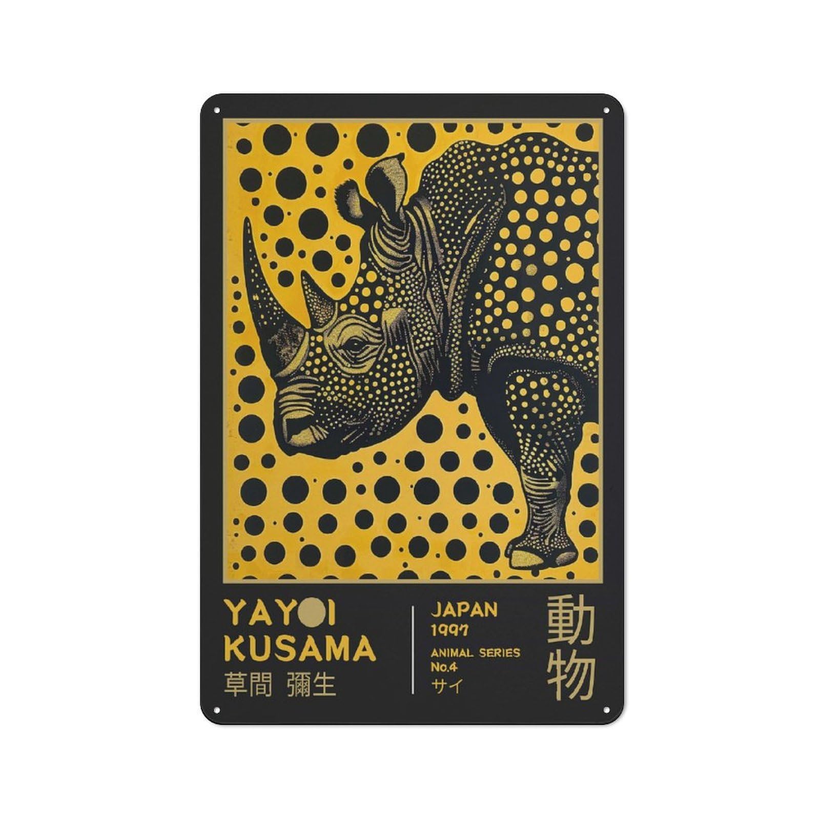 Junmoney Style-20 Workshop Style Yayoi Kusama Rhino No.4 Exhibition Print Tin Sign 30X20cm, Garage Wall Decor For Tool Room, Garage, Studio Or Home Bar