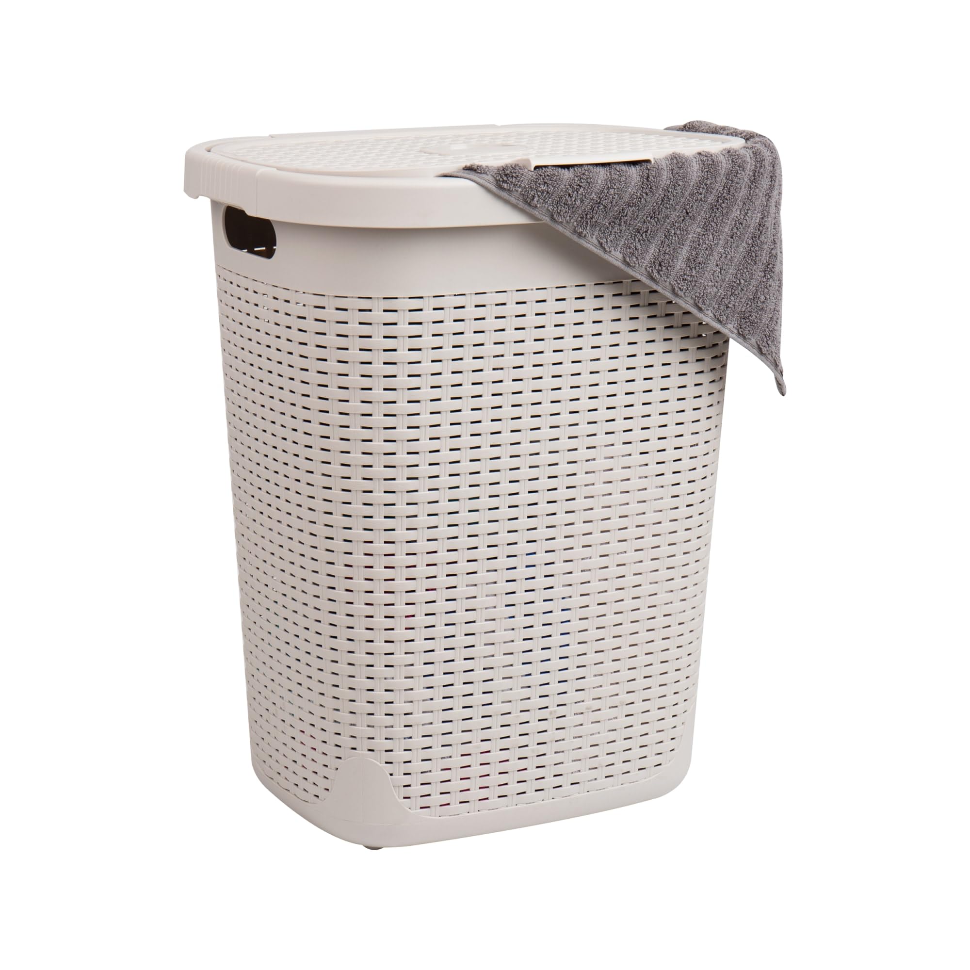 Mind Reader 50L Slim Laundry Hamper, Clothes Basket, Lid, Wicker Design, Plastic, 17.65"L x 13.75"W x 21"H, Ivory