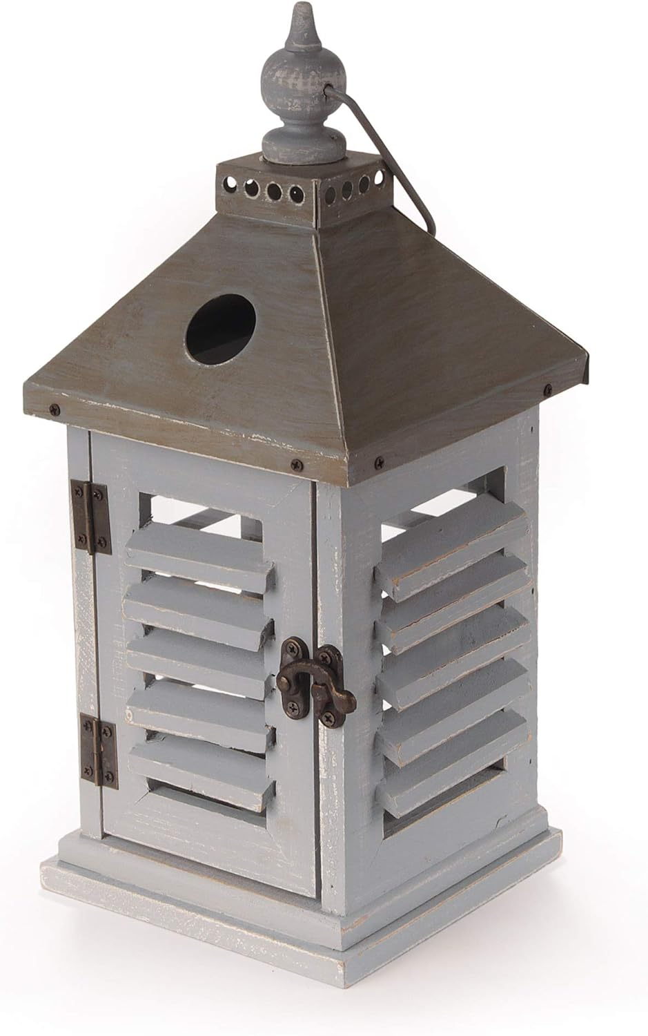 BambooMN 12" Decorative Wooden Farmhouse Lanterns - Large Rustic Lantern Candle Holders for Outdoor and Home - Brushed Blue