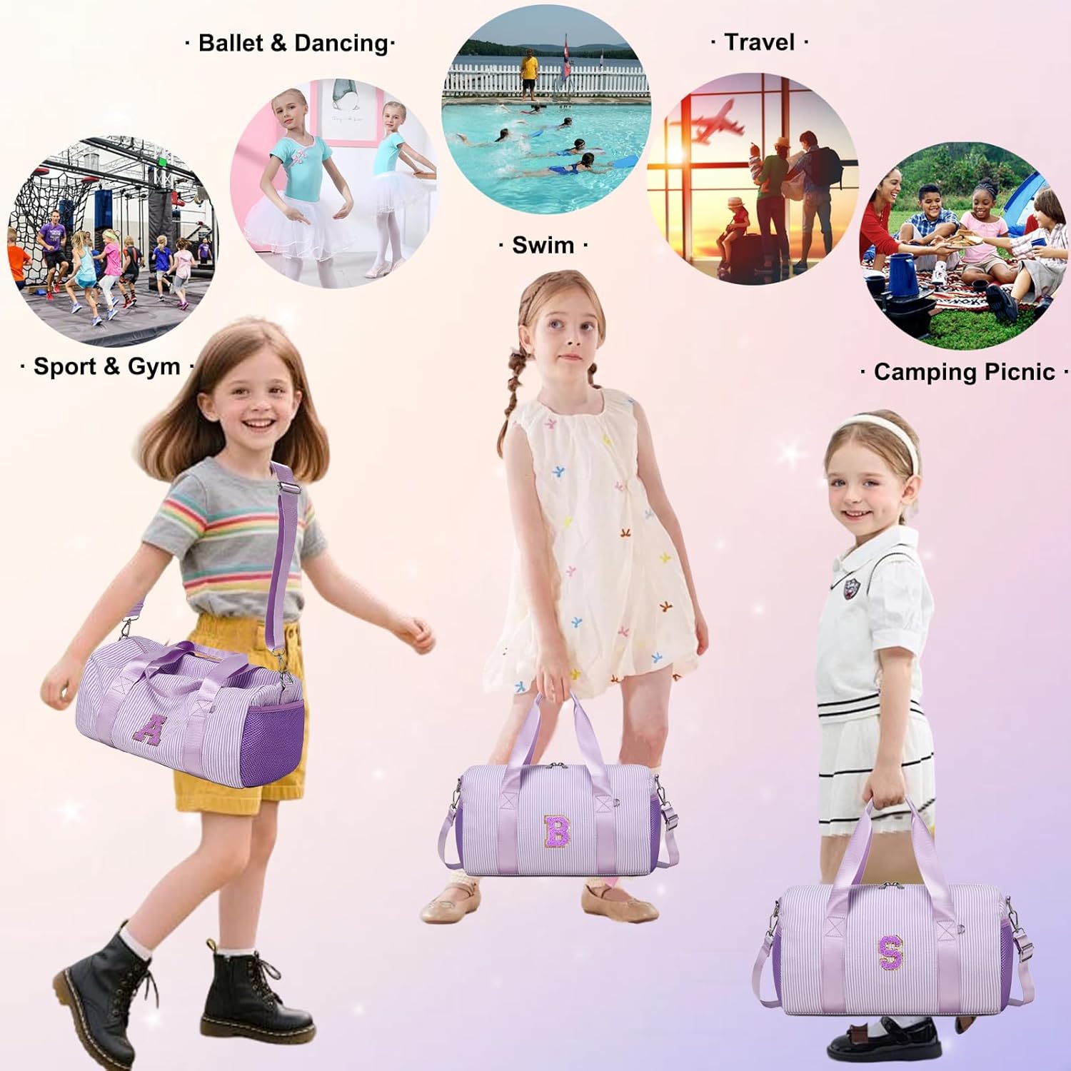Initial Dance Bag Personalized Girl Gym Bag Kid Gymnastics Bags Weekender Ballet Bags Toddler Travel Duffle bag with Adjustable Straps for 4-8 Years Old(Purple-E) - Image 7