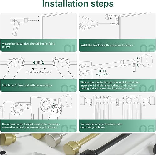 Miniatura 6 de HEI! DEAR Barras de cortina de níquel cepillado para ventanas de 66 a 120 pulgadas (5.5-10 pies), barra de cortina resistente de 1 pulgada de