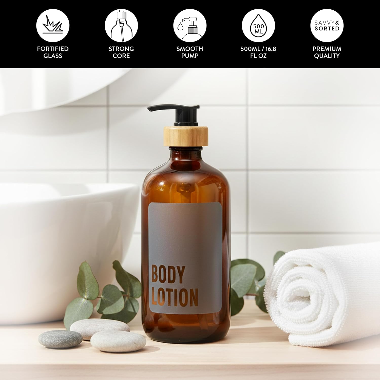 SAVVY & SORTED Amber Glass Body Lotion Dispenser with Pump, Soap Dispenser Bathroom Set, Refillable Glass Lotion Bottle with Label, Matching Soap and Lotion Dispenser Set Available, 17 Fl Oz / 500 ml image 5