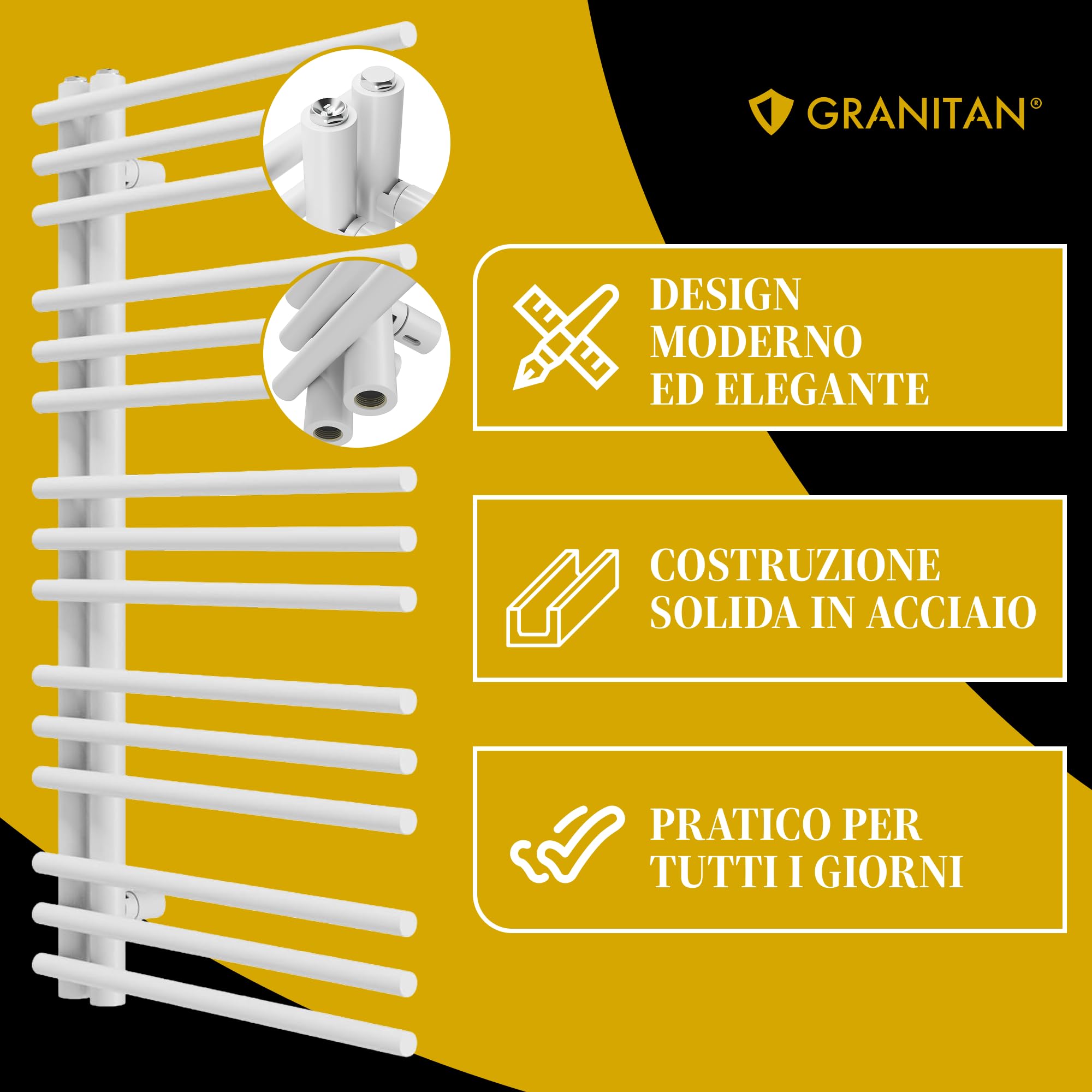 Granitan Termoarredo Bagno 90x50 cm - 400W - Termo Arredo da Bagno - Termoarredo Idraulico - Termosifone da Parete - Bianco