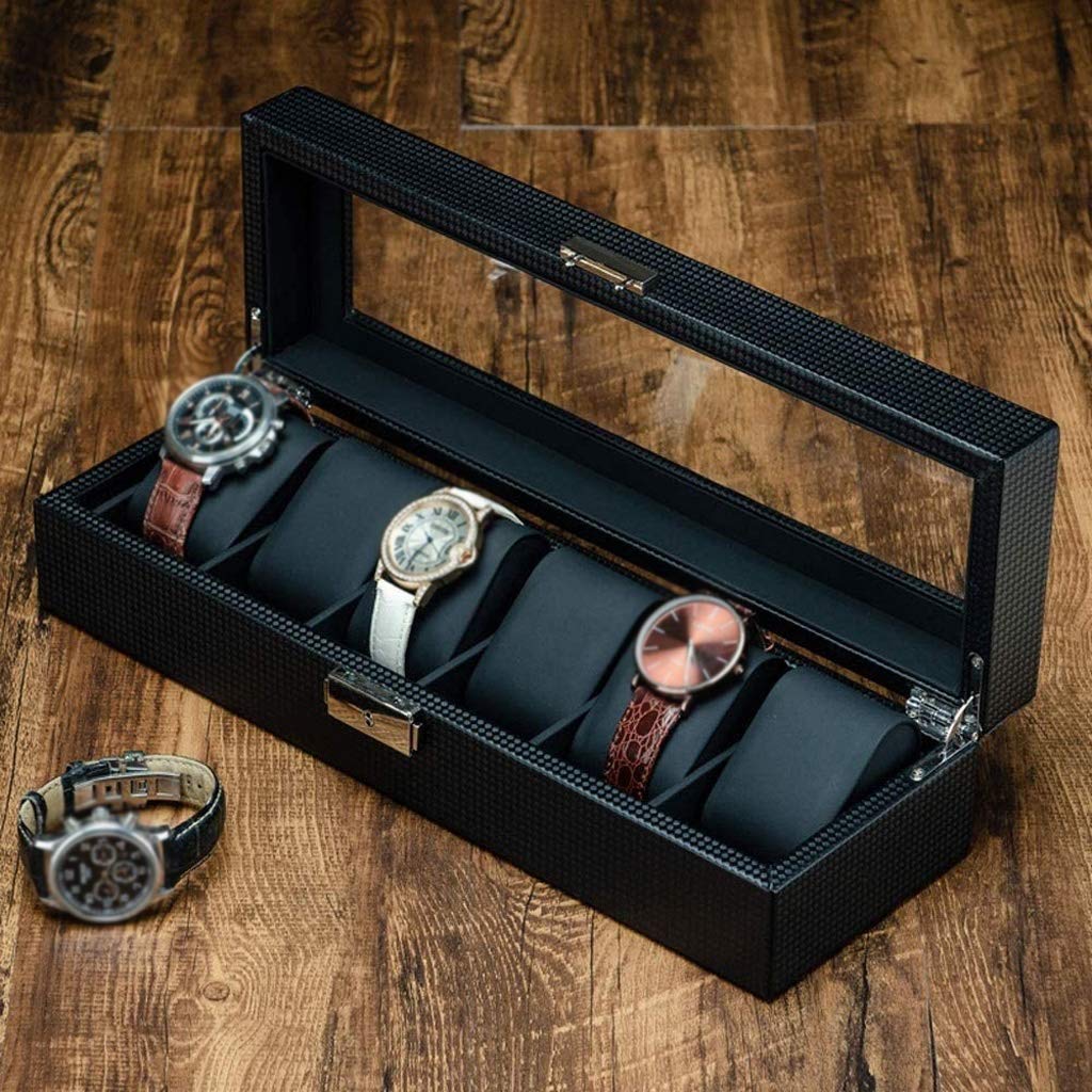 XBTGS Caja de almacenamiento de joyas, organizador de relojes, caja de almacenamiento de 6 ranuras, regalos de cumpleaños para hombres y mujeres,