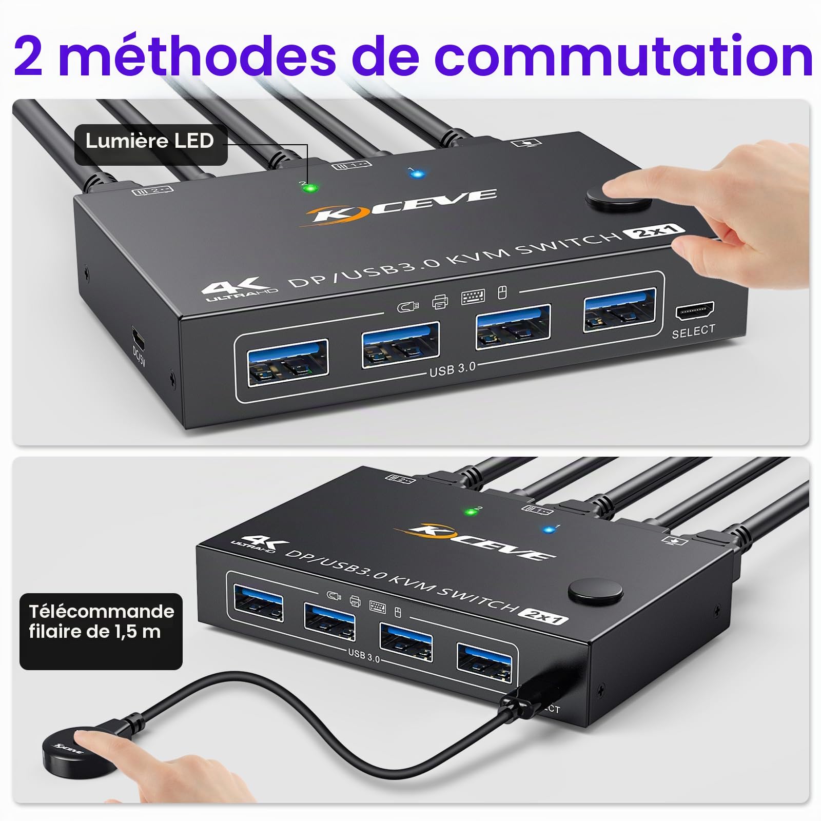 Commutateur KVM DisplayPort 4K @ 144 Hz, 2 PC 1 Moniteur, USB 3.0 pour 2 Pièces PC, 4 Appareils, Clavier, Souris avec Moniteur