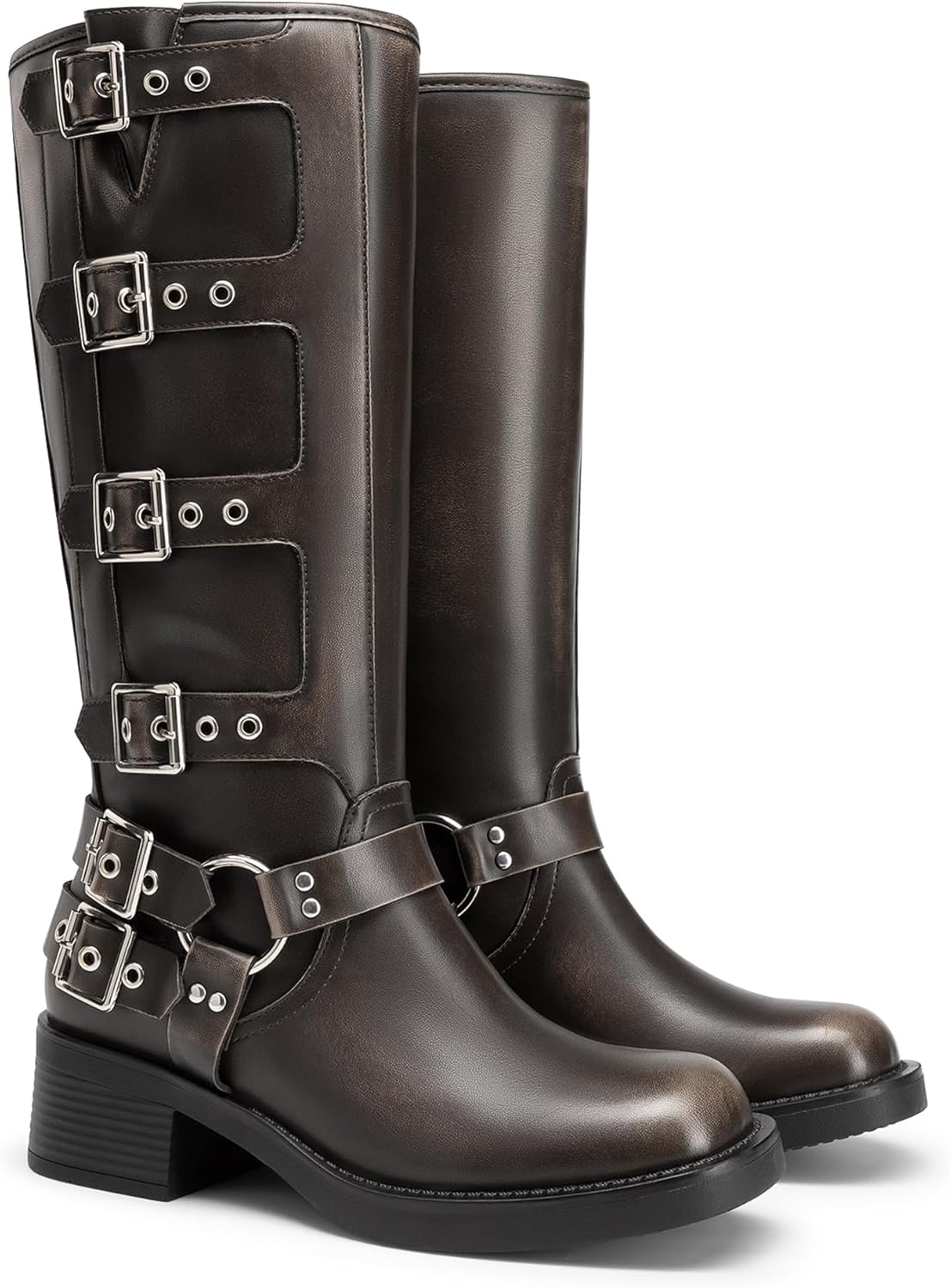 Athlefit Women's Knee High Riding Boots Fashion Buckle Square Toe Chunky Heel Wide Calf Biker Boots