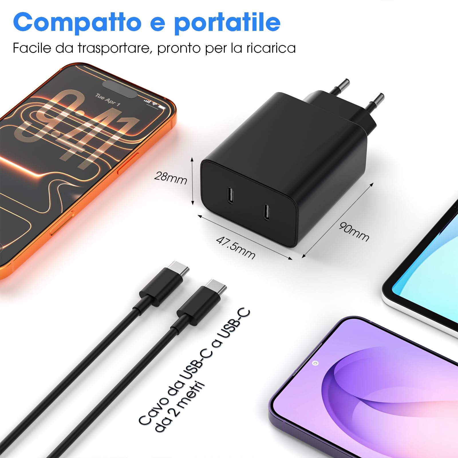 2 Pack Caricatore USB C,45W 2 Porte Rapido e Multiplo,Caricabatterie Samsung Con Cavi USB-C da 2M+2M,Presa Alimentatore,Per Samsung S26/S25/S24/S23/S22/+/Ultra/Per IPhone 17/16/15/Pro/Max/Mini/charger