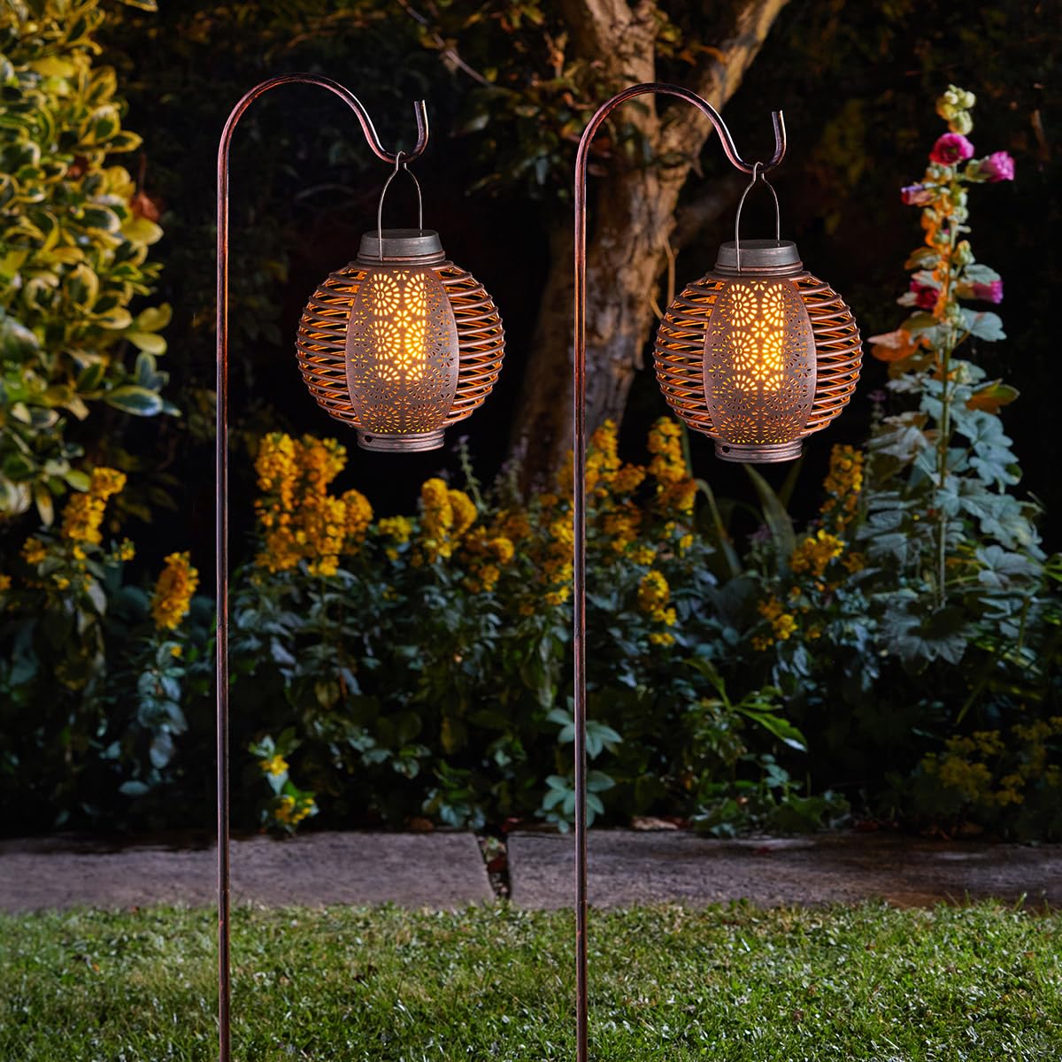 Festive Lights - Pack of 2 Forli Solar Flame Effect Bronze 2-in-1 Lantern Stake Lights - 75cm Height, 12 Warm White LEDs, IP44 Outdoor Pathway Border Lighting - Integrated Panel, Batteries Included