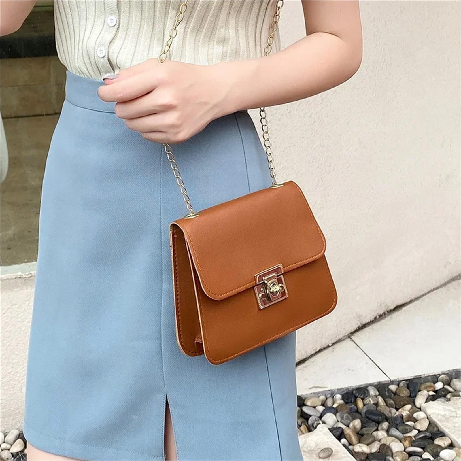 Bolsos de Mujer Bolso de Hombro con Cadena Color sólido Mini Bolso con Solapa Bandolera de Mensajero Bolsos de Mano y Bolsos de Mano Adecuado para Viajar, Fiesta, Trabajo(Brown)