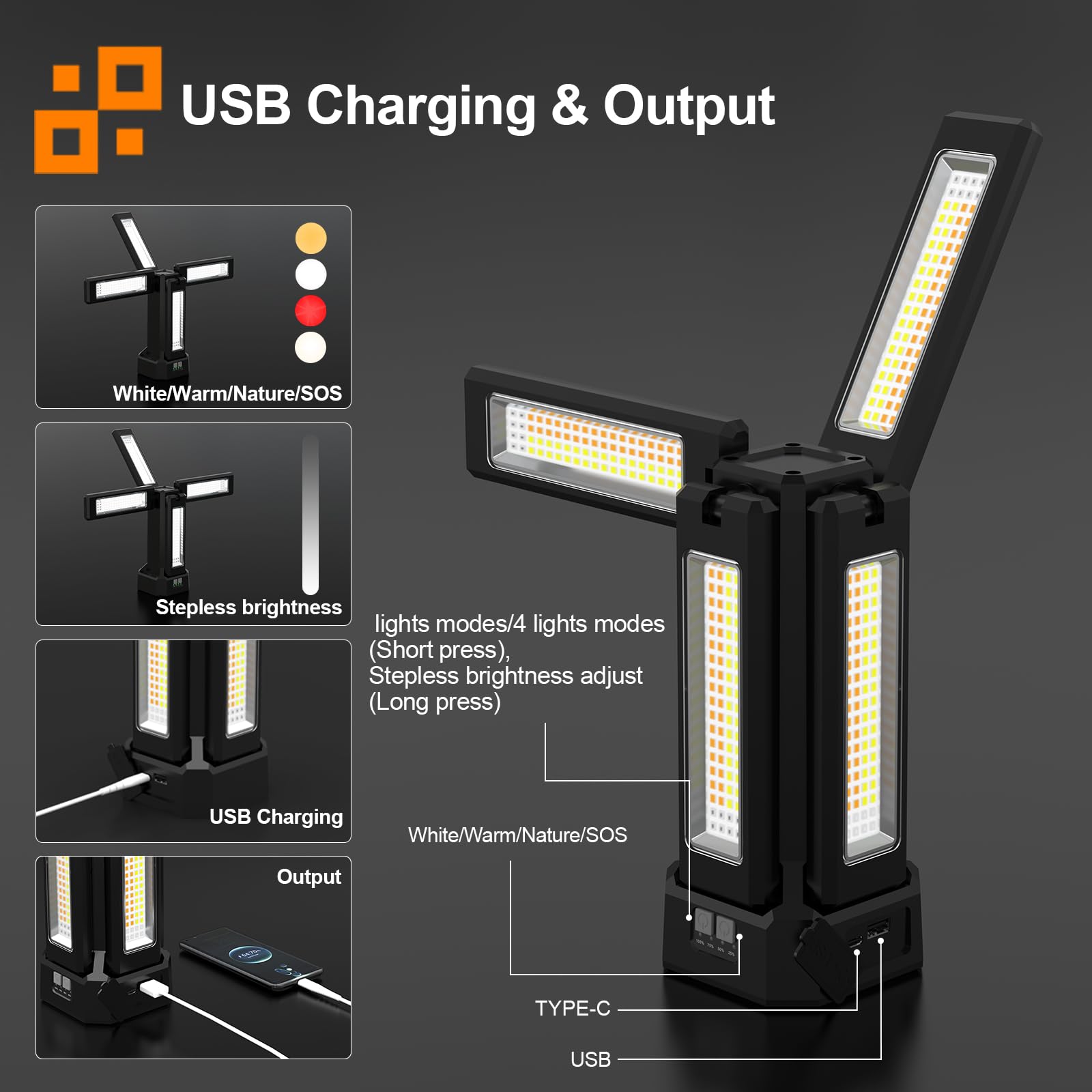 Lampada da lavoro a energia solare ricaricabile da 13200 mAh, con supporto pieghevole e borsa per il trasporto, dimmerabile continuamente, bianco/caldo/bianco naturale/rosso (SOS) con