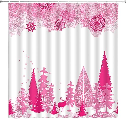 KTGHA Cortina de ducha de invierno, color rosa y blanco, bosque nevado, pino, ciervo, copo de nieve, paisaje, juego de cortina de baño con ganchos