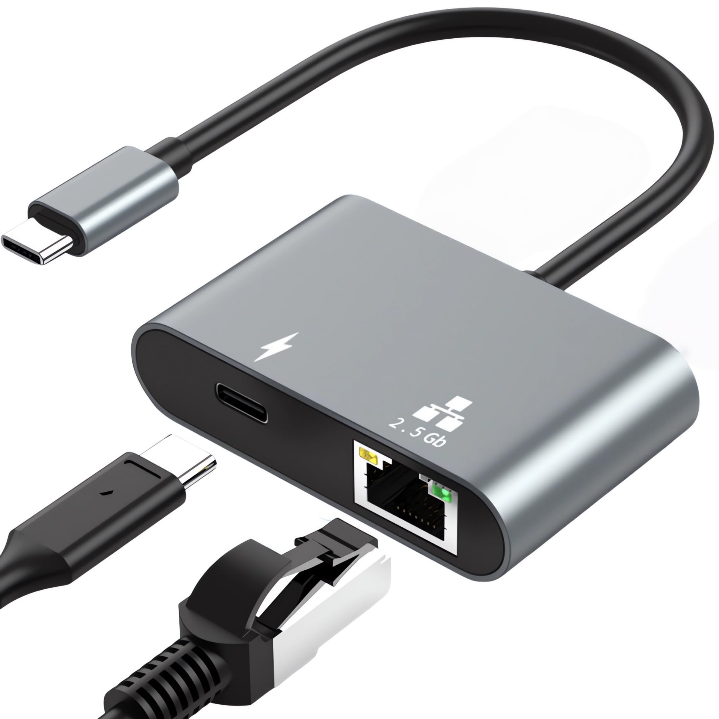 USB-C 2.5G 有線LANアダプター [2.5Gbps ＆ 120W充電対応] 2-in-1 Type-C LAN変換アダプター、USB-C to RJ45 ギガビットイーサネット Thunderbolt 4/5・USB4対応 MacBook/PC/タブレット用