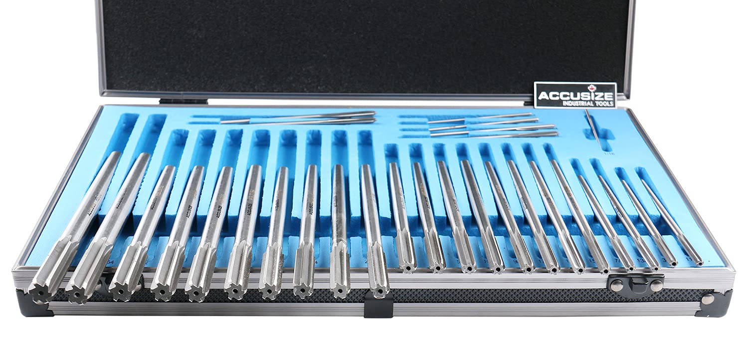 Accusize Industrial Tools 29 Pc Set 1/16 to 1/2 inch by 1/64 in HSS M2 Premium Chucking Reamers, Straight Flute, Aluminum Case, 5528-SF00