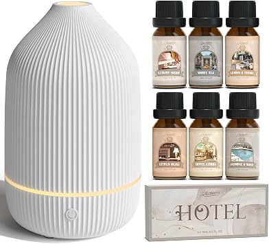 100ml Essential Oil Diffuser with 6x10ml Hotel Essential Oils Set, Luxury Night, White Tea, Lemon & Thyme, Citrus Bliss, Hotel Lobby, Jasmine & Mint