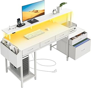 Rolanstar Schreibtisch mit Steckdose, Computertisch mit 5 Schubladen, LED, Aufbewahrungstasche & Monitorständer, Moderner Eckschreibtisch für Homeoffice & Gaming (Weiß)