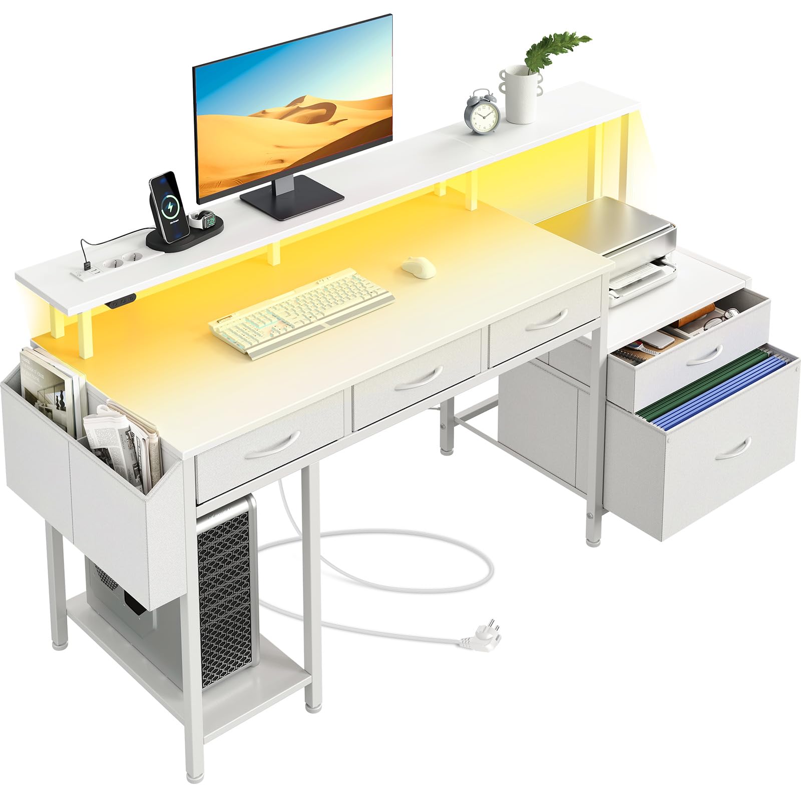 Rolanstar Bureau Informatique 143 cm avec LED, Prises, USB et Type-C, Support Écran, Étagère Imprimante et 5 Tiroirs, Blanc