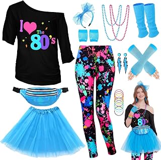 80s Outfit Costume for Women 25 Pcs T Shirt Leggings Tutu Skirt Accessories