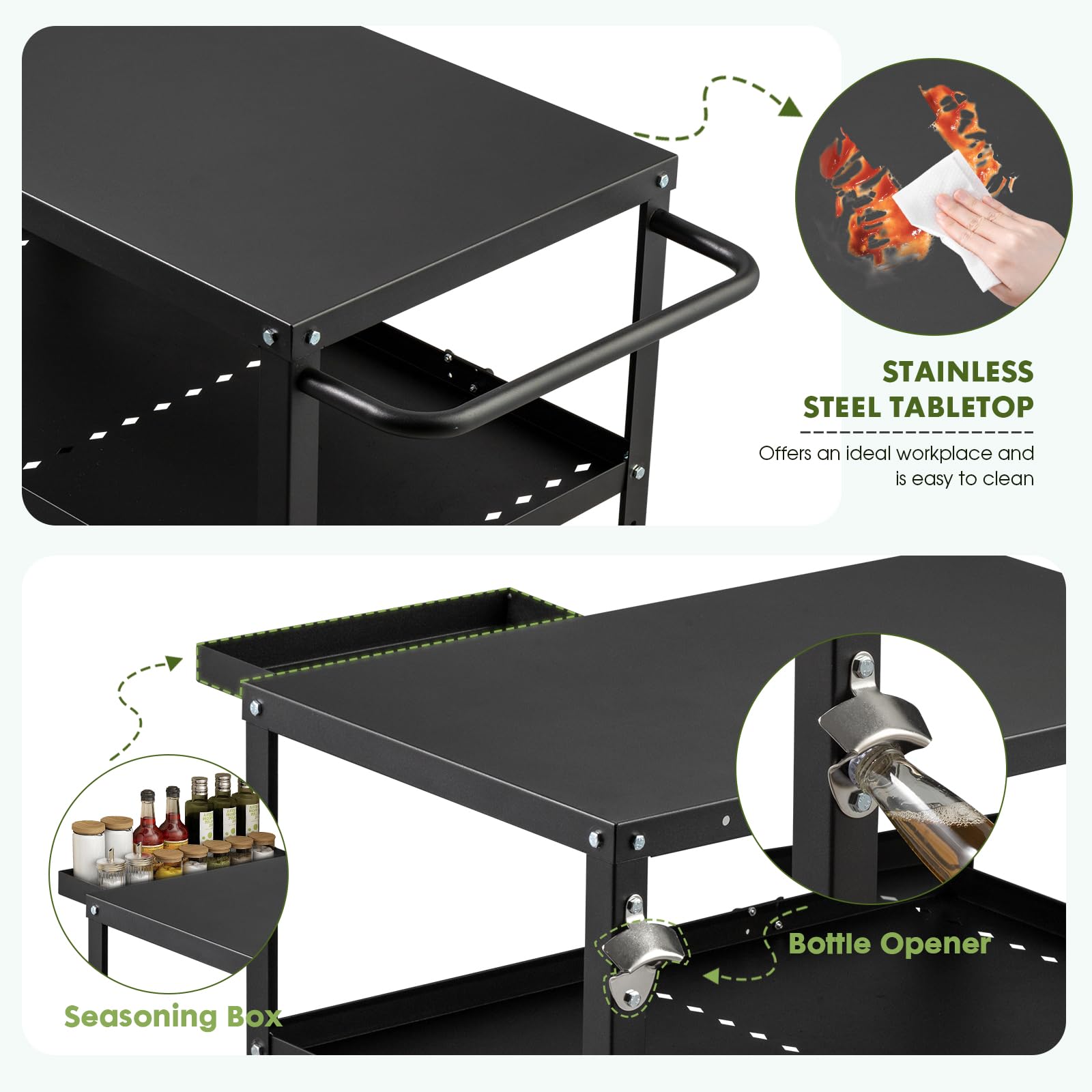 Mesa de carrito de parrilla para exteriores, mesa de horno de pizza para interiores y exteriores, con 4 ruedas móviles de bloqueo total, ganchos, mango lateral multifuncional (negro) 2