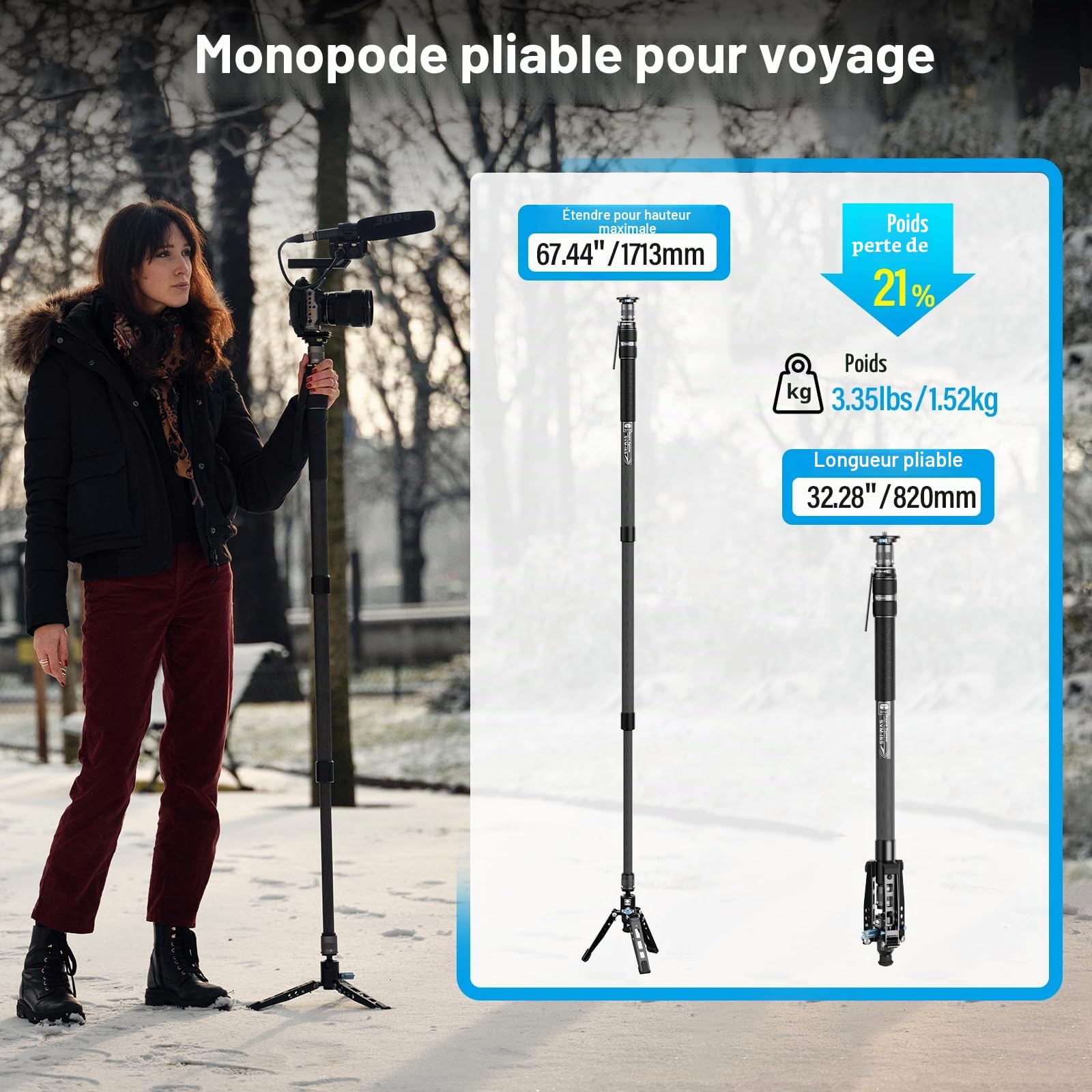 SIRUI 3 en 1 Monopode Carbone Professionnel, 165cm Monopode pour Appareils Photo avec Pieds, Réglage Rapide de la Hauteur en Une Seule étape, Charge Maximale 10kg, SVM-165