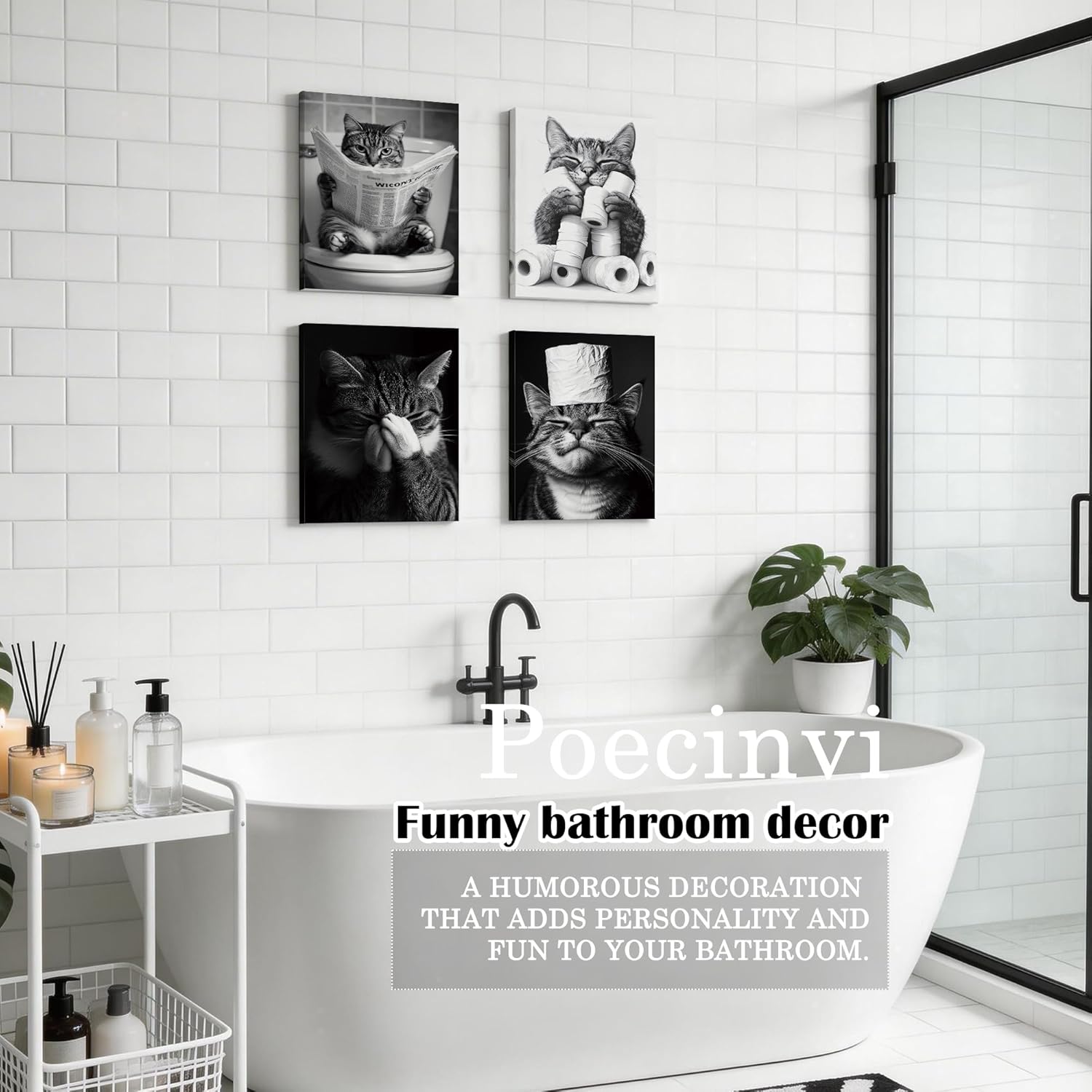 Poecinvi Funny Tabby Cat Bathroom Canvas Wall Art Framed Set of 4, Cat Bathroom Decor, Black and White Cats Wall Art Posters for Bath Room Washroom Restroom Decor, 8x10