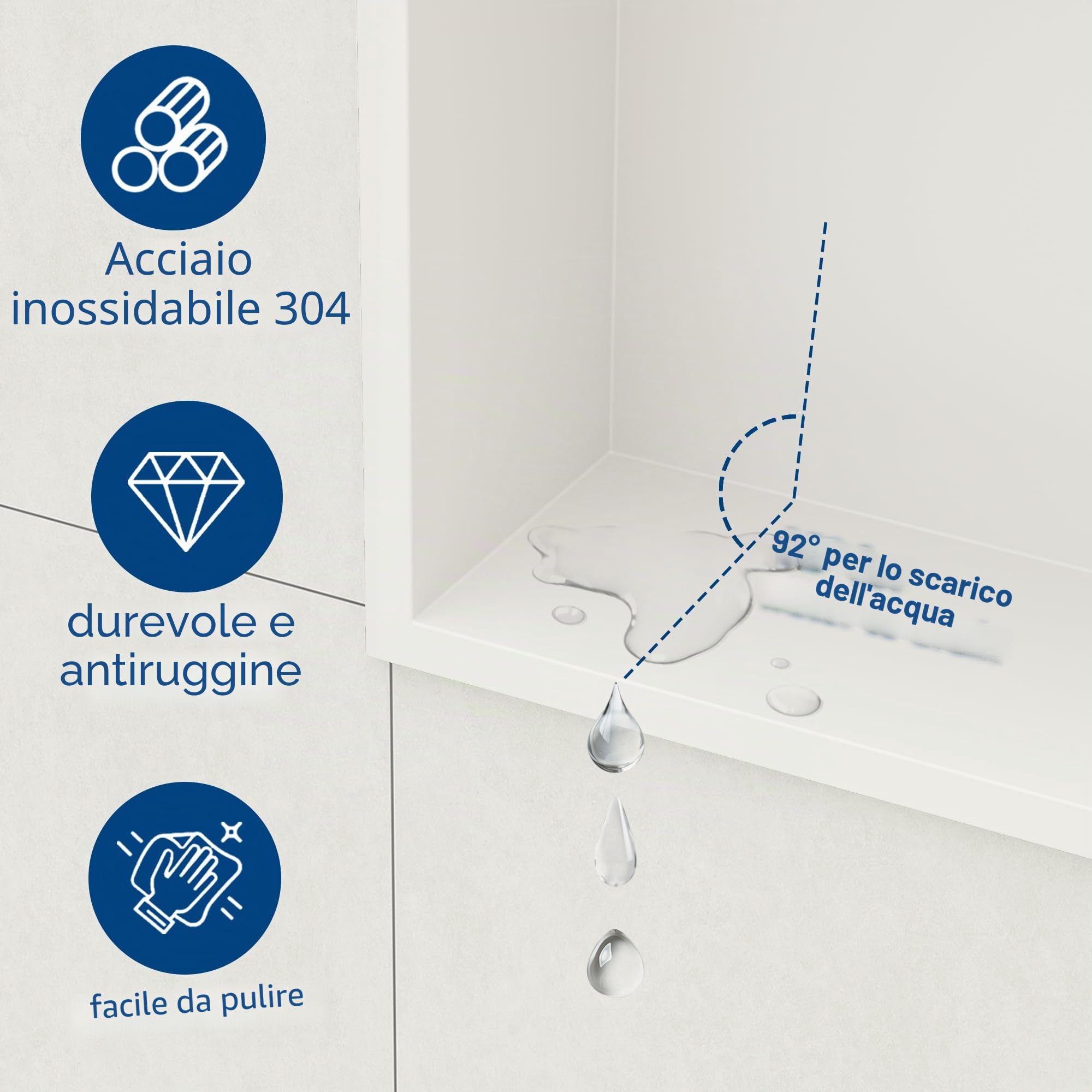Qeke Nicchia a Muro in Acciaio Inox 304, Nicchia-Doccia Montato a Parete, Mensola da Incasso per Bagno, 60CM, Monostrato, Bianco