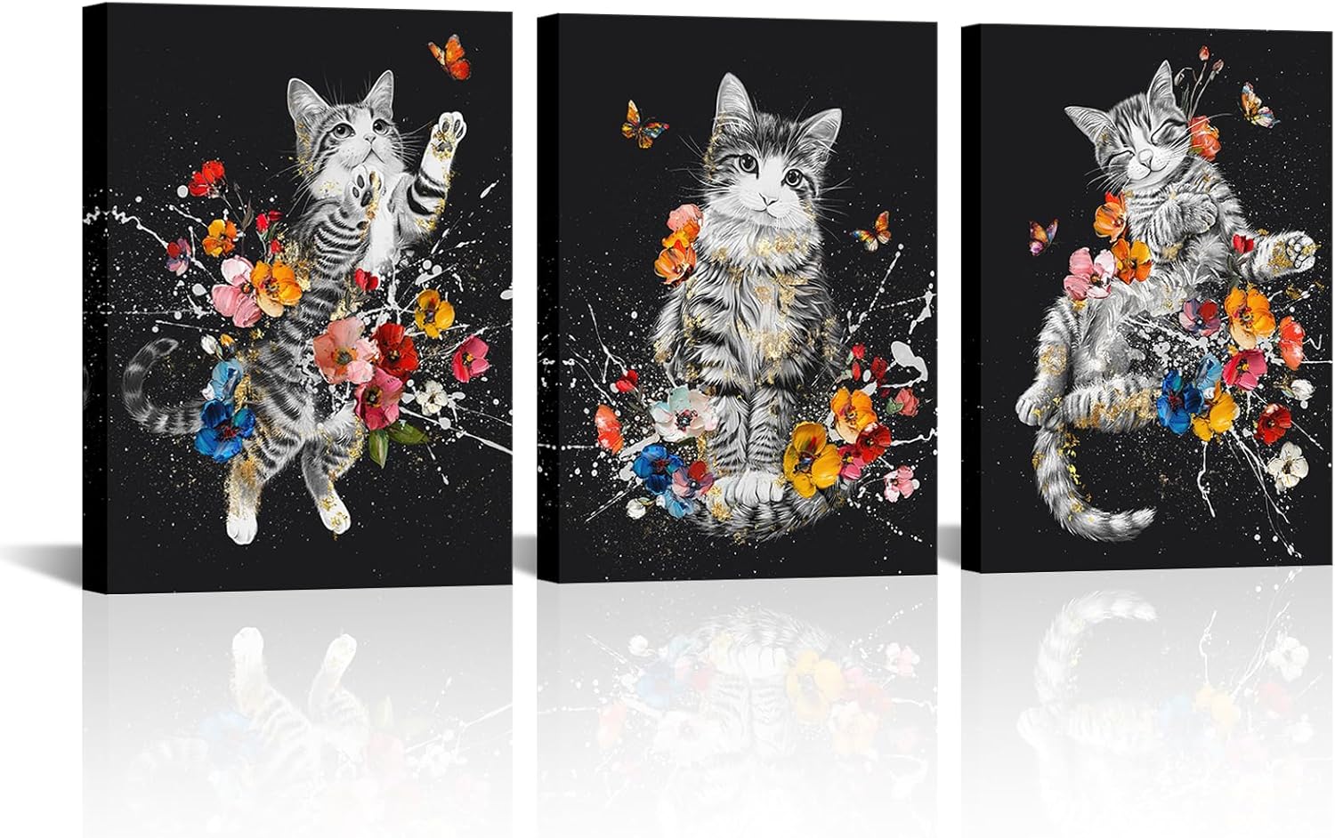 Canvbay 3 Pieces Cat Canvas Wall Art Black and White Animal Pet with Colorful Flower Butterfly Painting Pictures Cute Kitten Floral Print Poster for Girls Kids Room Decor Bedroom 12x16inchx3pcs