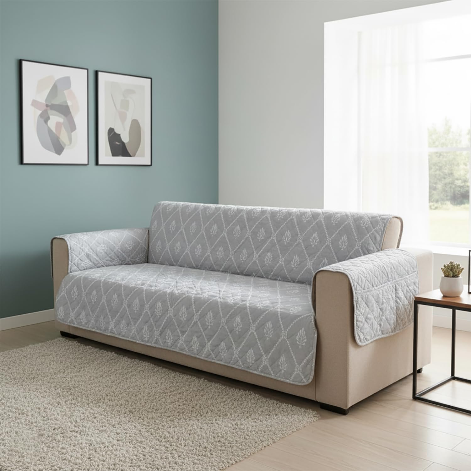 House of Quirk 'Mughal Series' Anti-Slip Sofa Cover Mat with Pocket | Polyester Couch Protector for Pets, Kids & Spills (Grey Canvas, 180x210cm, Four Seater)