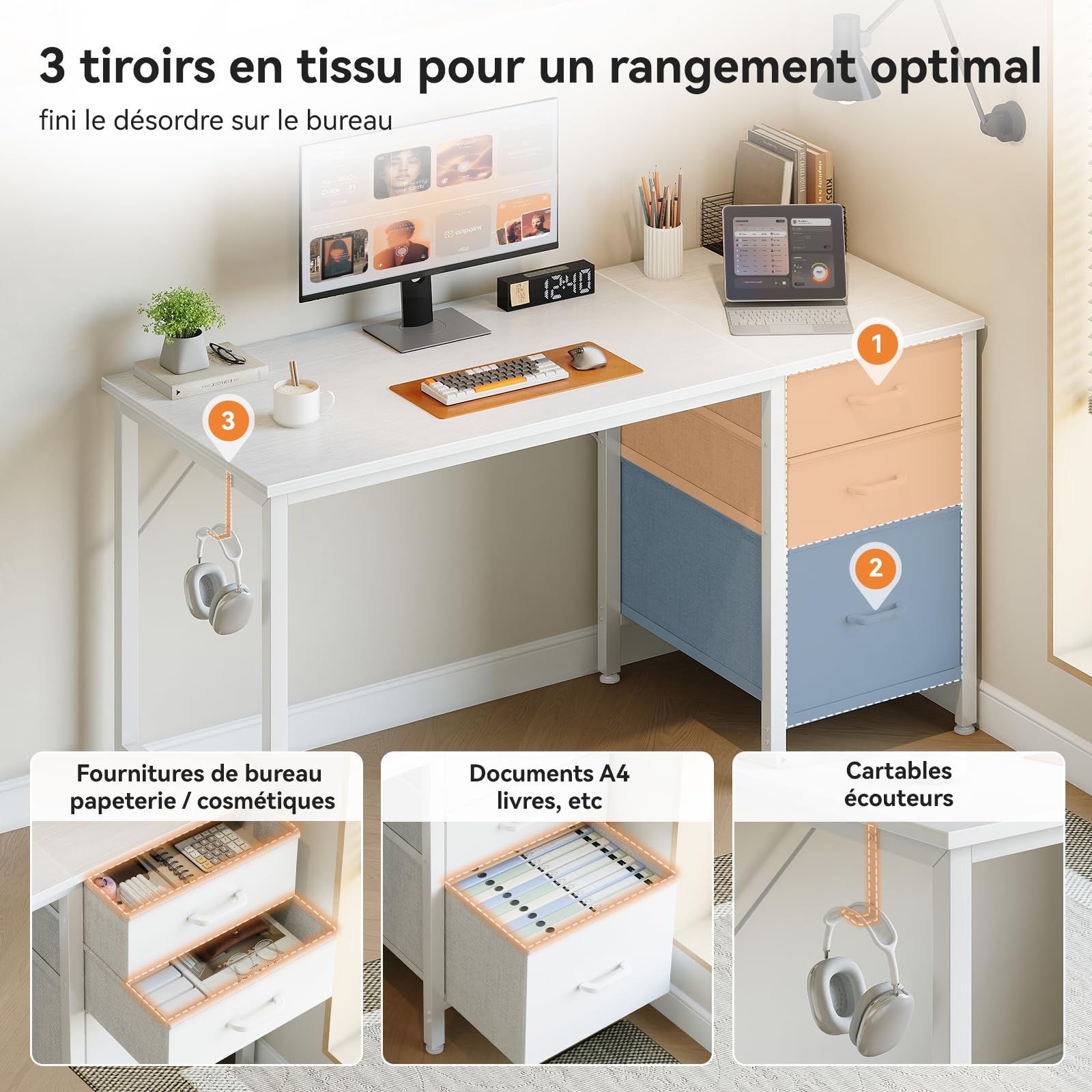 Coleshome Bureau avec 3 Tiroirs en Tissu, 120x48cm Bureaux Informatique avec Porte-Casque, Blanc Bureau D'ordinateur Réversible pour Petit Bureaux à Domicile
