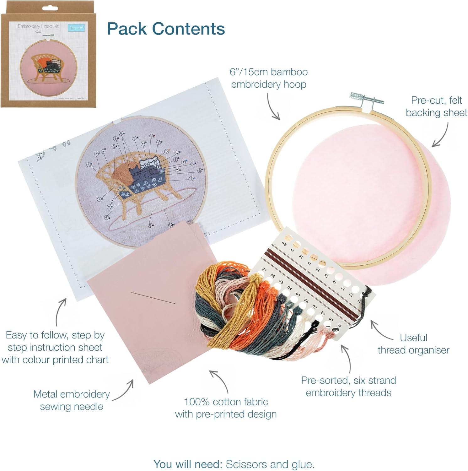 Trimits Embroidery Hoop Kits - 15cm 6” Beginner Starter Set, Includes Bamboo Hoop Threads Cloth Needle Backing & Instructions, Cat