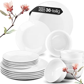 Moritz & Moritz Basic 36-Piece Crockery Set for 12 People Modern Made of High-Quality Porcelain in Classic White Consisting of 12 x Dinner Plates 12 x Dessert Plates and 12 x Bowls