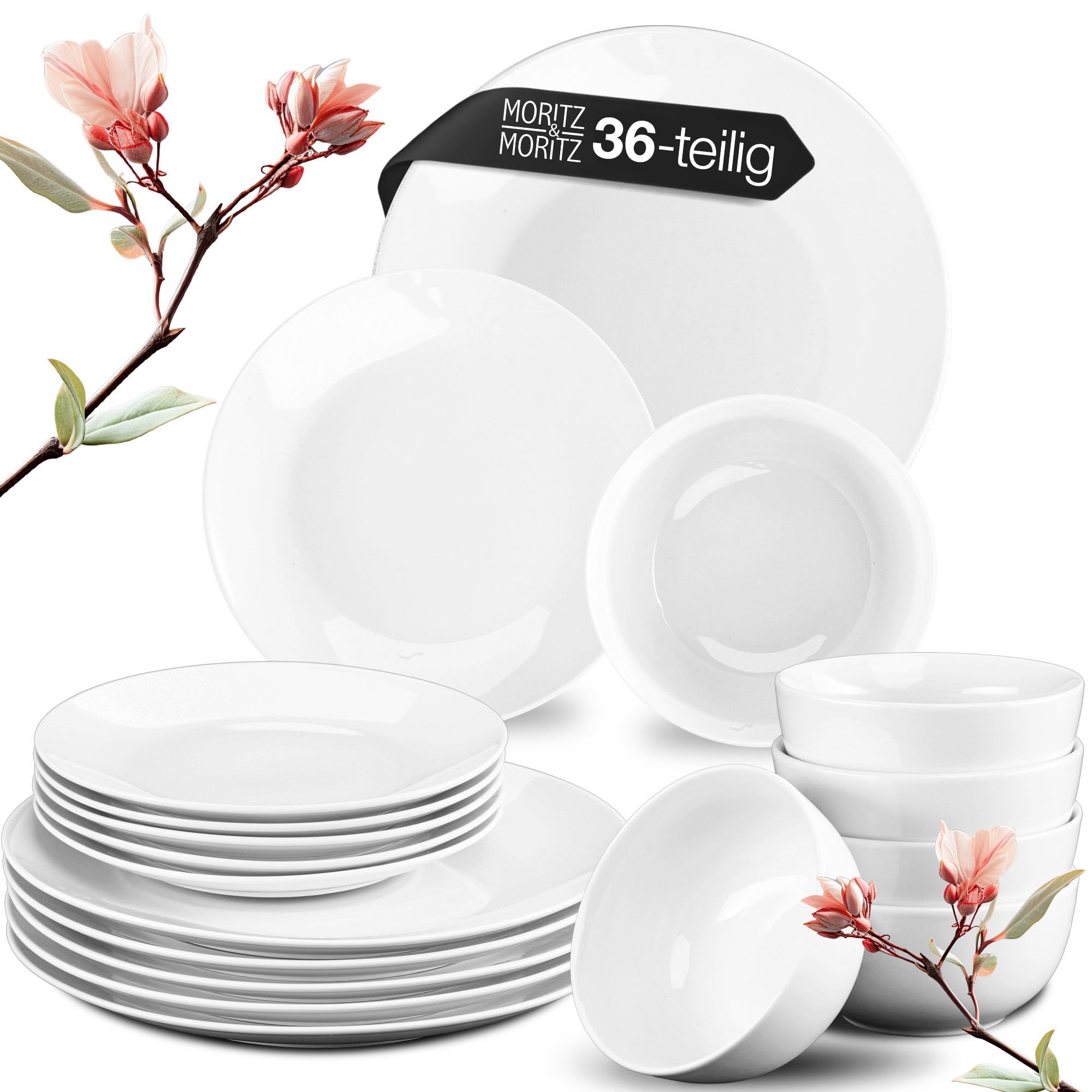 Moritz & Moritz BASIC 36-tlg. Geschirrset für 12 Personen – modernes Porzellan, Weiß