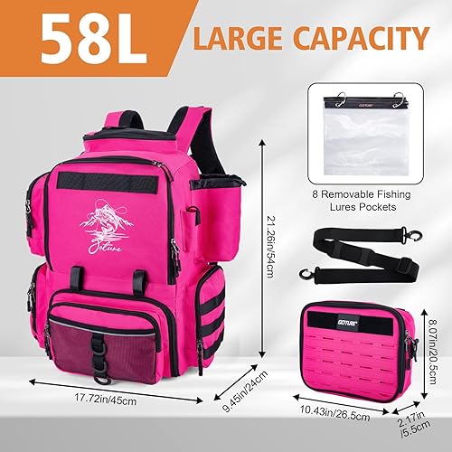 Miniatura 5 de Goture Mochila de pesca, mochila 900D resistente al agua con soportes para caña, bolsa de aparejos de pesca de gran tamaño de 58 L con bolsa cruzada