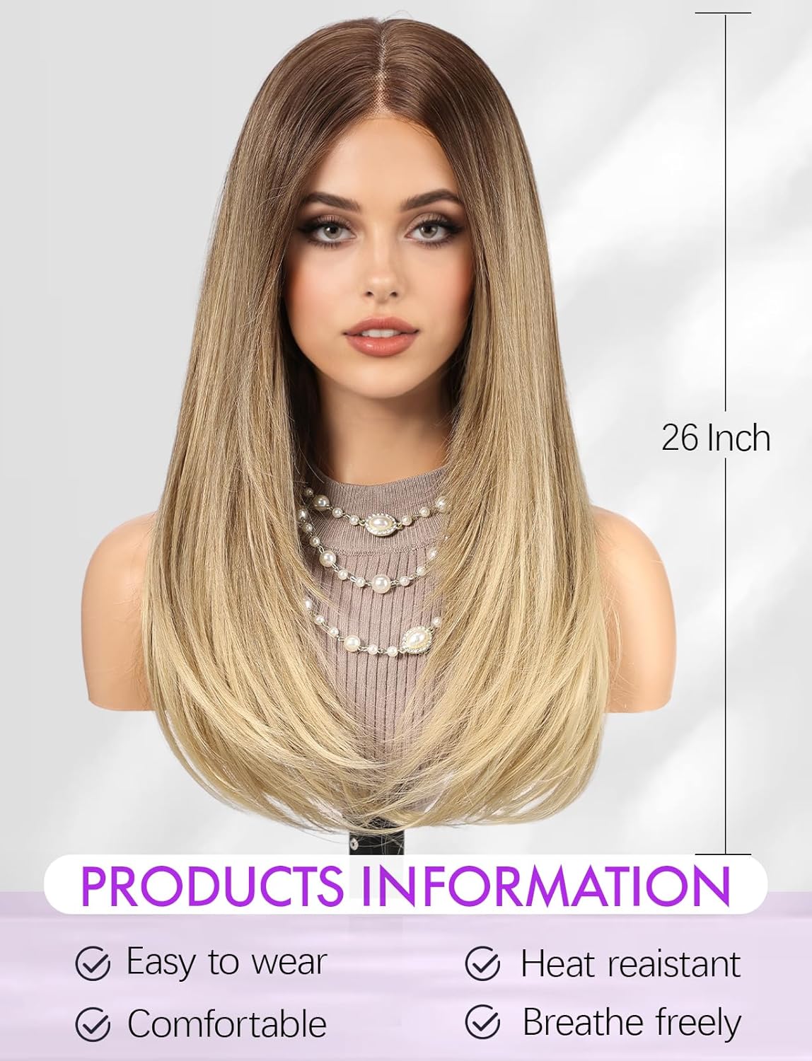 26 Inches 5×5 HD lace Front Wigs Heat Resistant Fiber Straight Hair Daily Use Ombre Blonde Glueless Wig