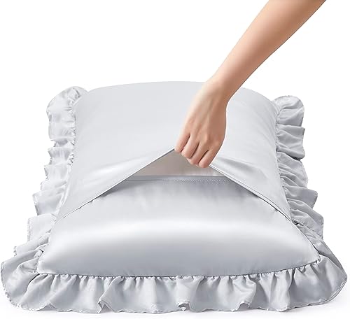 Miniatura 3 de HommxJF Juego de 2 fundas de almohada de satén sedoso con volantes para cabello y piel fundas de almohada de seda gris claro tamaño Queen con cierre