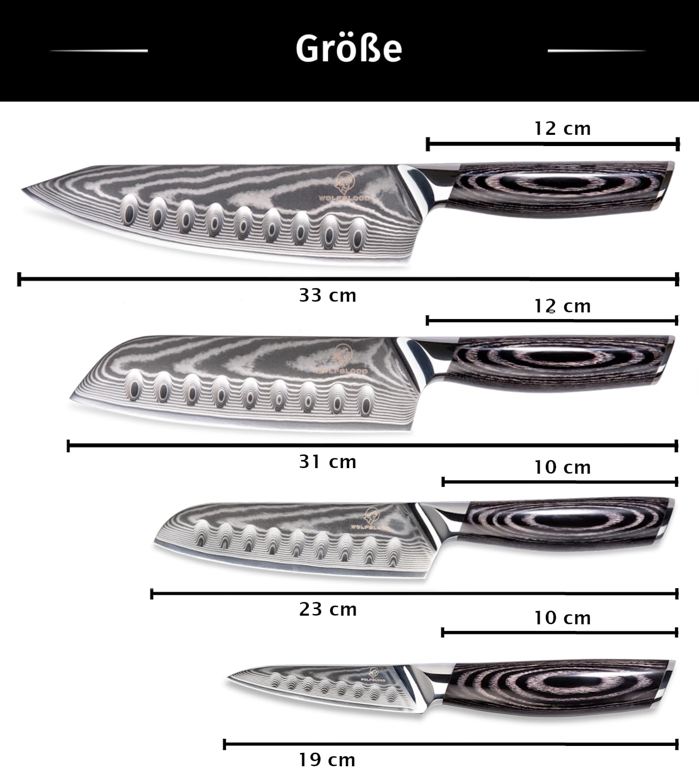 Wolfblood PRO 4er Damastmesser Set XL (33, 31, 23 & 19cm) TÜV geprüfter 62 HRC Damaststahl aus 67 Lagen I Damast Küchenmesser Set mit Chefmesser, Santokumesser, Holzgriff, Geschenkbox & Klingenschutz