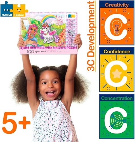 Miniatura 7 de Marlo&Buzz - Rompecabezas con purpurina de 100 piezas rompecabezas de princesa unicornio y sirena diseñados para niños de 4 a 8 años. Piezas grandes