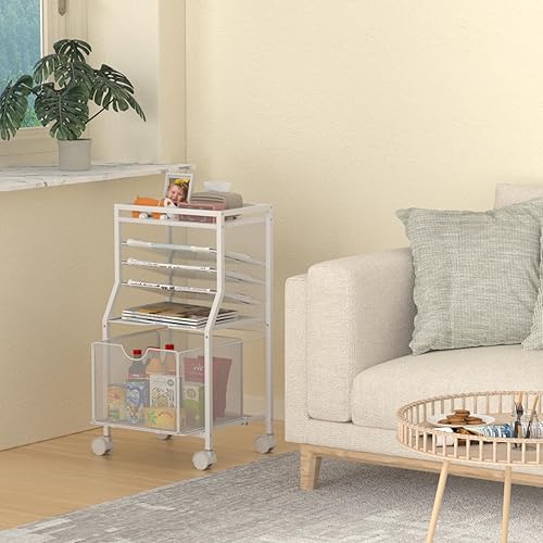 Miniatura 20 de Carrito de archivos rodante, organizador de archivos de escritorio de 6 niveles con ruedas con cerradura, tablones de madera marrón y cajón