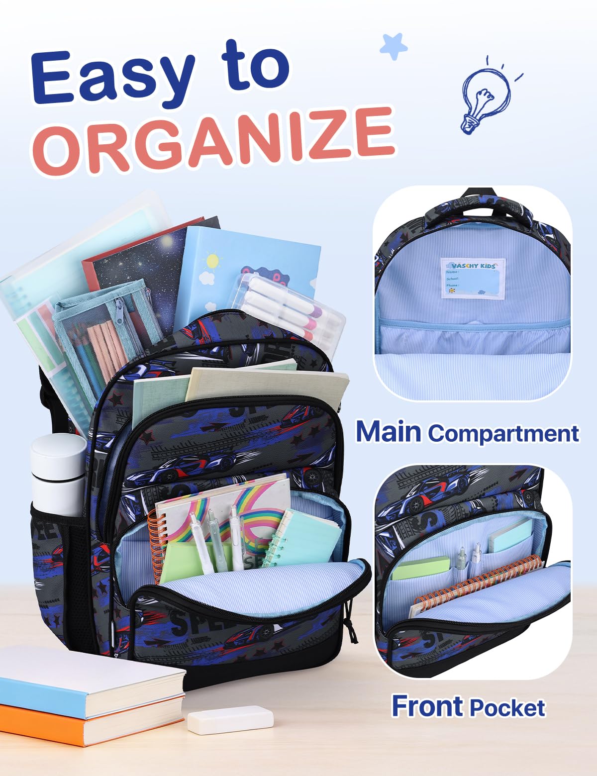 Sac à Dos Enfant, VASCHY 15,6 Pouces Grand Cartable Fille Garcon Primaire 6-10 Ans Plusieurs Compartiments Sac d'École avec Sangle de Poitrine et Bande Réfléchissante pour Scolaire Voyage Randonnée