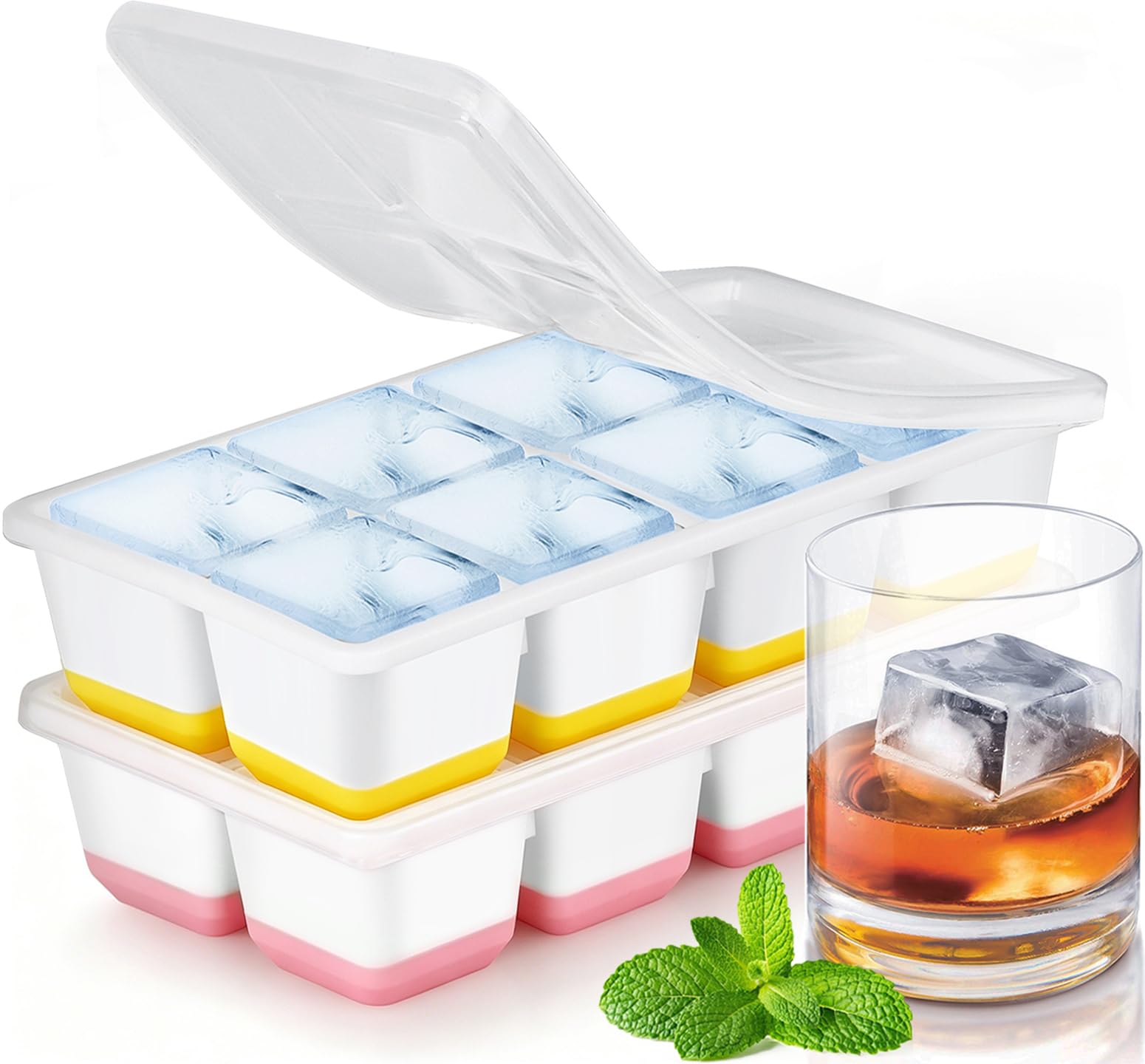 Large Ice Cube Trays with Lid, Jrisbo 2 Pack Stackable Silicone Ice Cube Molds for Freezer, Easy Release 16 Big Square Ice Trays for Whisky Cocktails (1 Pink + 1 Yellow)