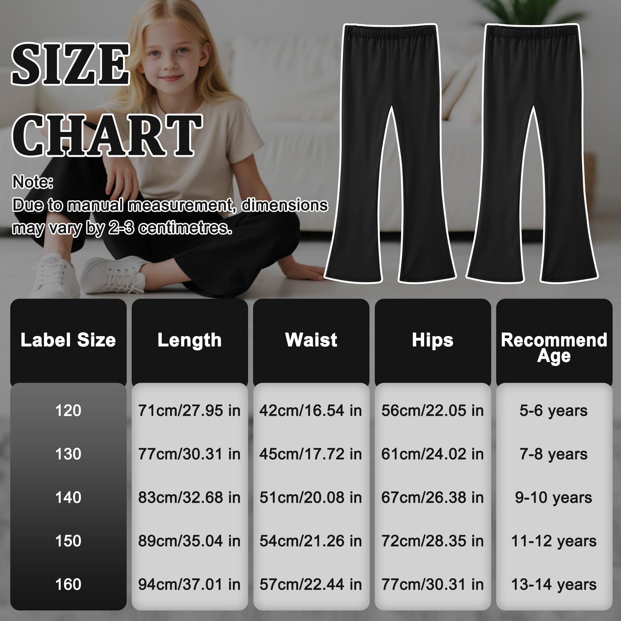 Leggings Flare pour Fille, Lot de 2, Coton Respirant Elastique Bootcut Legging,Couleur Unies Décontracté Doux Danse Sport Pantalon évasé Enfant Vêtements âge 5-16 Ans