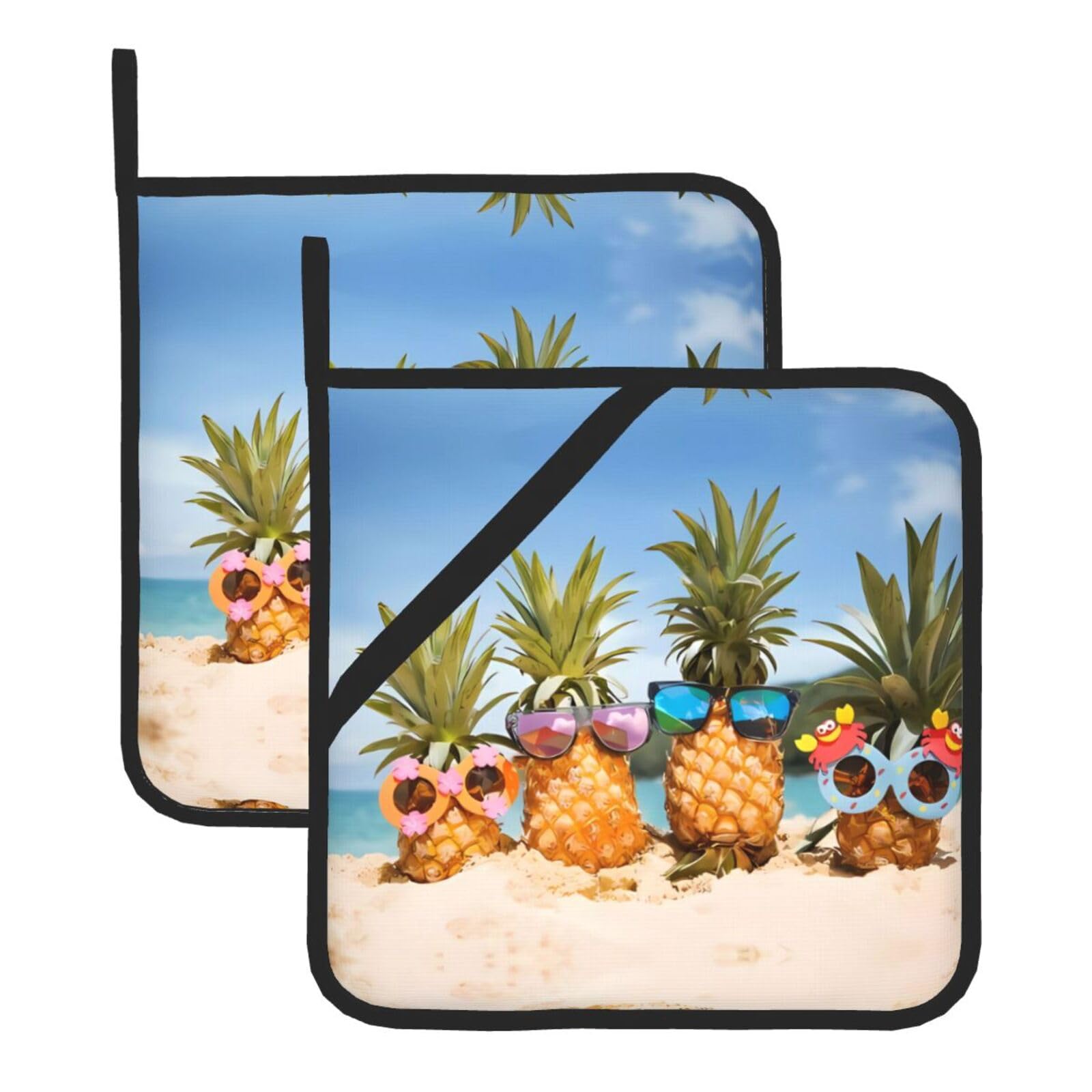 HJFCZH Pineapple Fruit Sunglasses Sand Beach Prints Square Hot Pads for Kitchen - Waterproof Heat Resistant Potholders, Thick Trivet Covers with Hanging Loops, Oven & Grill Dish Protectors (2-Pack)