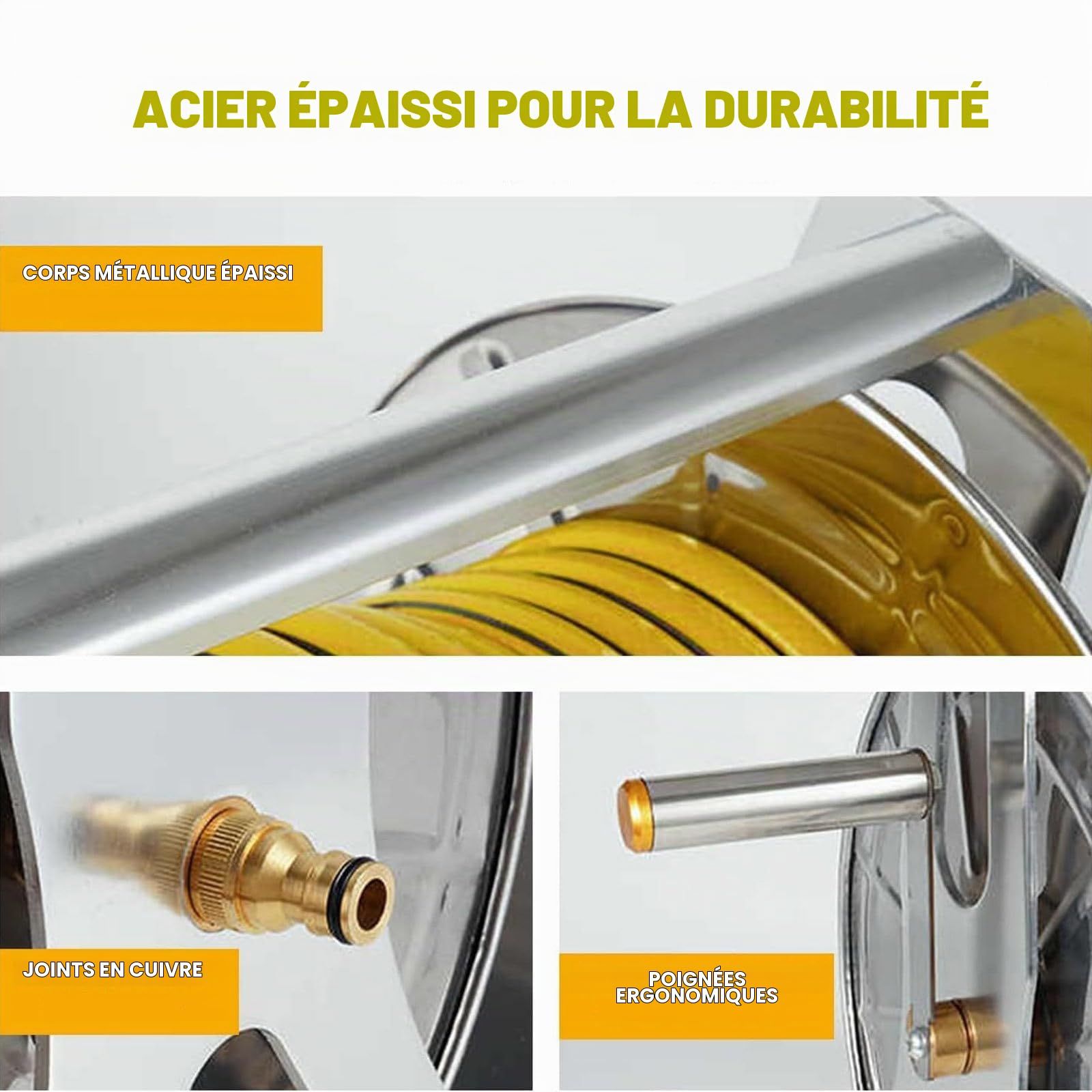 Enrouleur de Tuyau d'arrosage Robuste en Acier Inoxydable avec poignée, Fixation Murale ou au Sol, rétractable par manivelle, Support Mural pour Tuyau de 50 m et de 12,7 mm (1/2 po). 40m