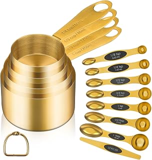 GuDoQi Gold Magnetic Measuring Spoons and Cups Set of 12, 8 Dual Sided Magnetic Measuring Spoons set with Leveler, 4 Measuring Cups, Premium Stainless Steel, Measuring for Liquid and Dry Ingredients