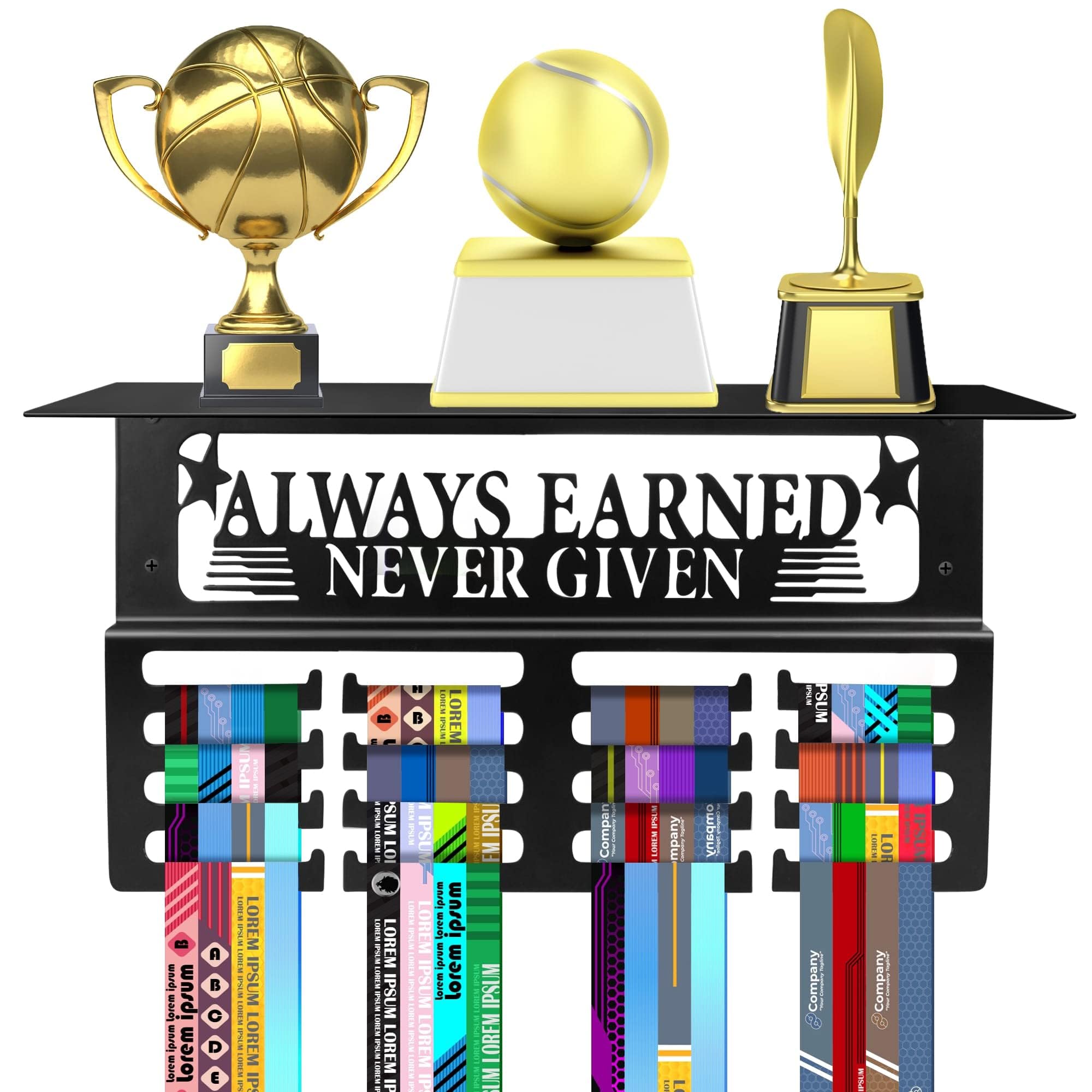 Sponsored Ad – KASTWAVE Medal Hanger Display with Trophy Shelf, Metal Awards Rack for Walls Holds 64+ Sports Medals, Our Never Give Up 16" Medal Holder, Sports Race Plaques Hanger for Awards Ribbons, Black