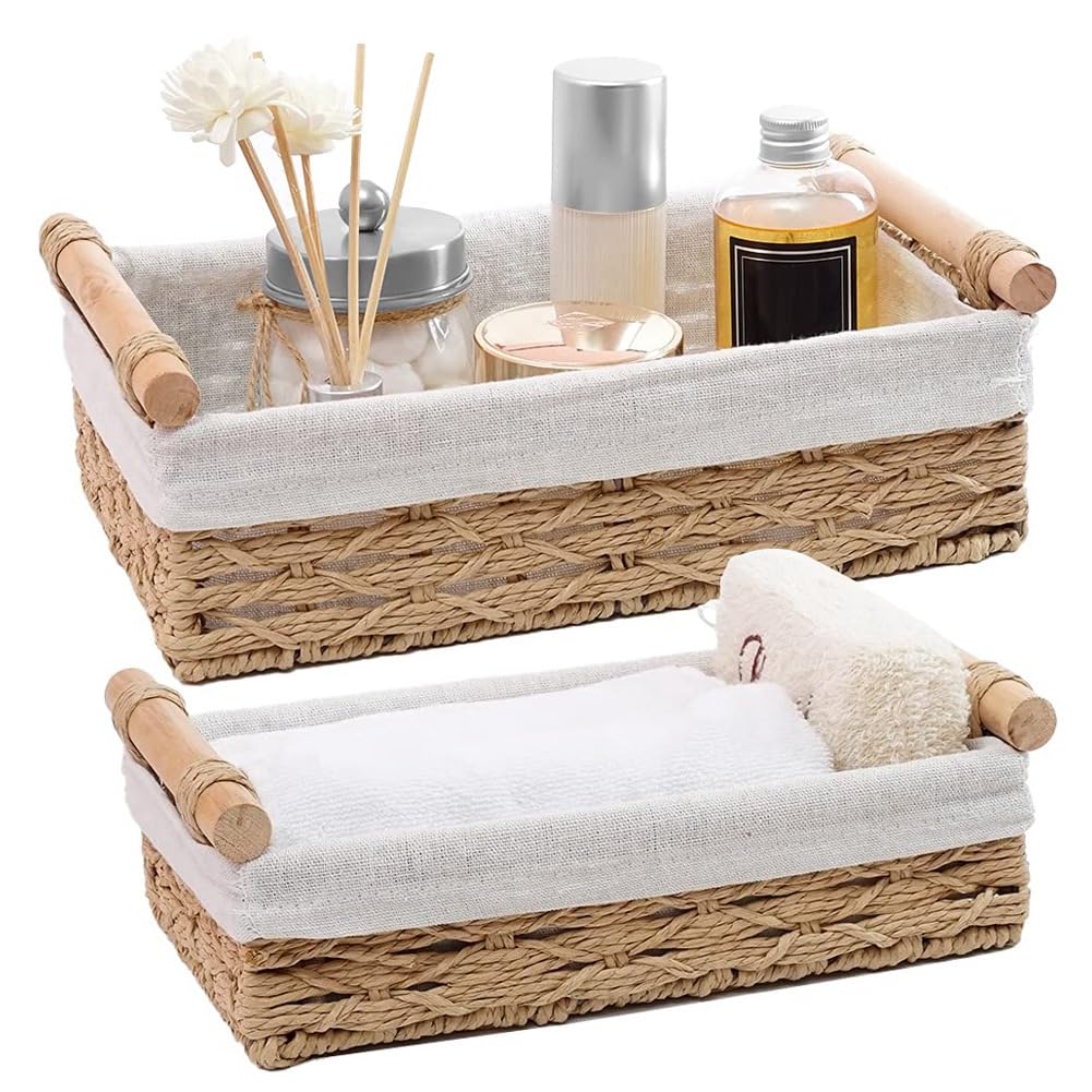 Hndhbfgrt Paper Rope Storage Basket Wicker Storage Baskets Toilet Paper Basket Decorative Bins with Handle for Toilet Tank Top Small Baskets Set