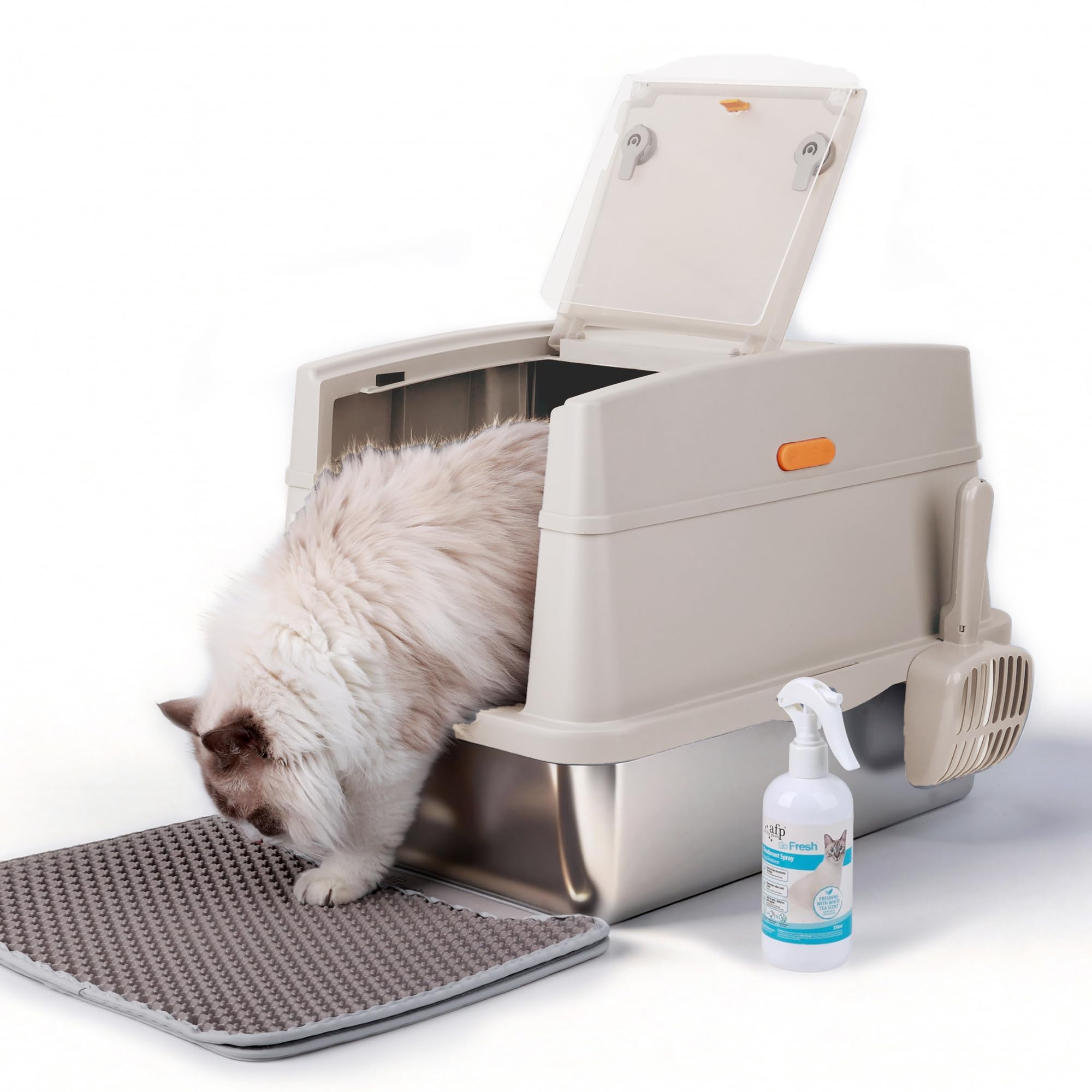 Large Stainless Steel Cat Litter Box with Lid, Enclosed High Sided Sifting Metal Litter Boxes with Scoop for XL Cats, Multicat, Non-Sticky, Anti-Leakage, Easy Cleaning, Sand