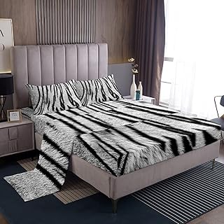 White Tiger Sheet Set Novelty Black Striped Wild Animal Skin Fur Hair Bed Sheets Full For Boys Man,3D Big Cat Print Animal Hide Fur Texture Fitted Sheet African Safari Animals Bedroom Decor